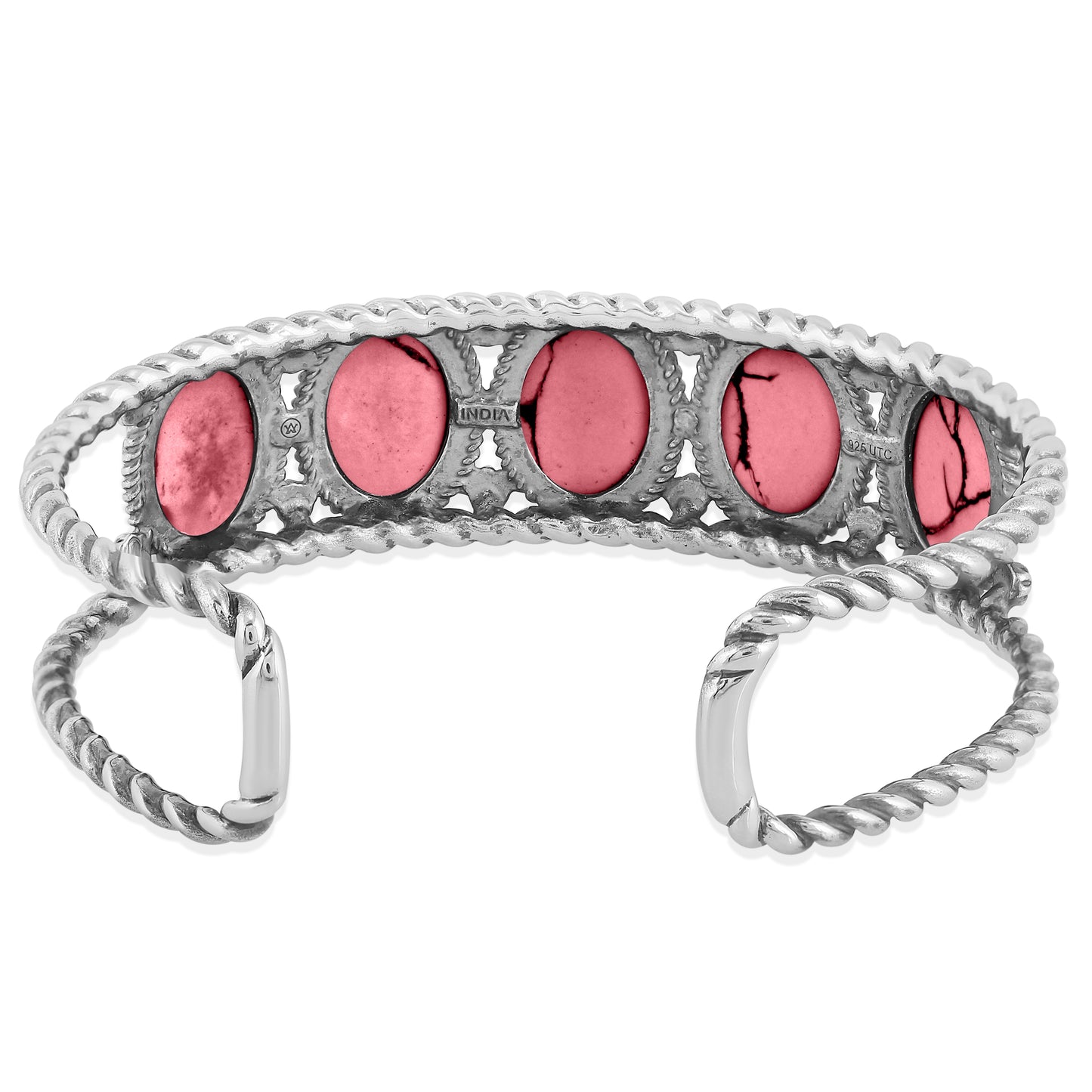 Sterling Silver Rhodonite Gemstone Rope Design 5-Stone Cuff Bracelet, Sizes Small to Large