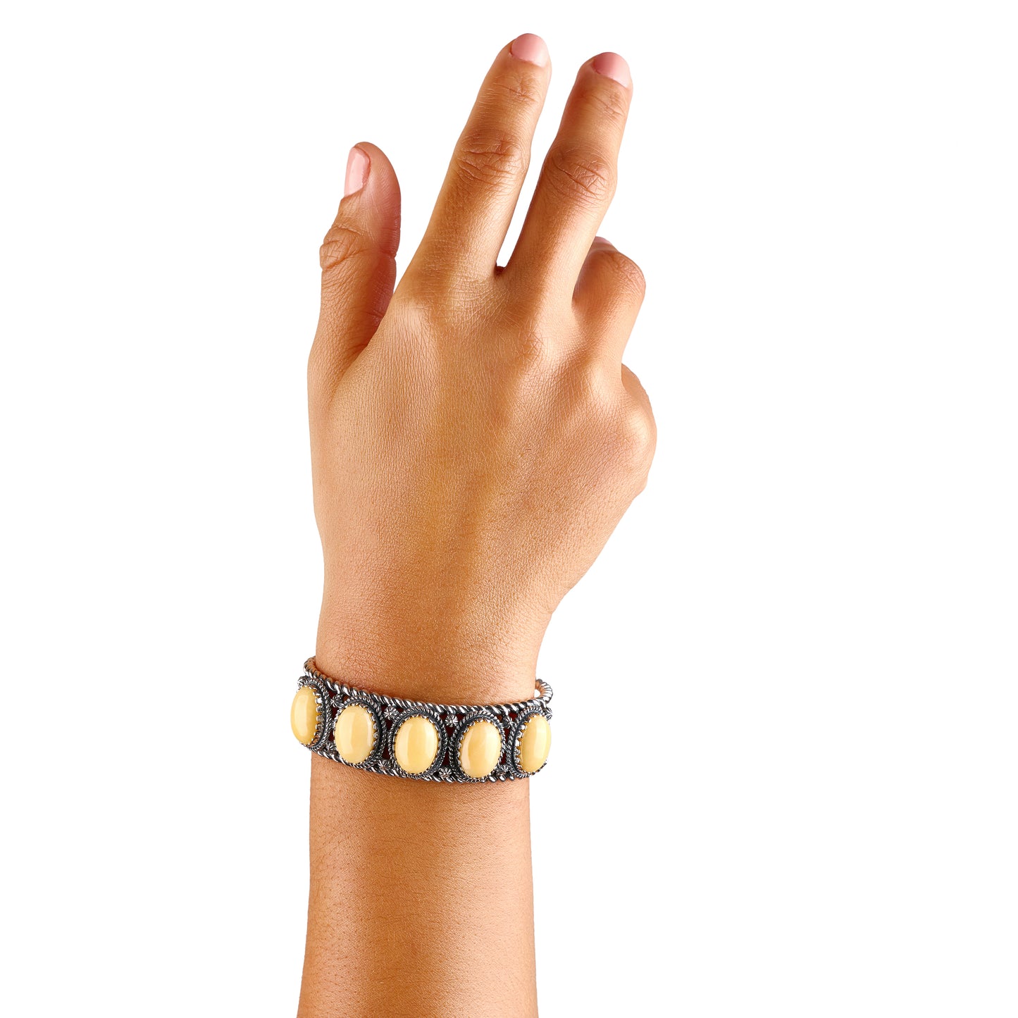 Sterling Silver Yellow Jasper Gemstone 5-Stone Cuff Bracelet. Sizes Small to Large