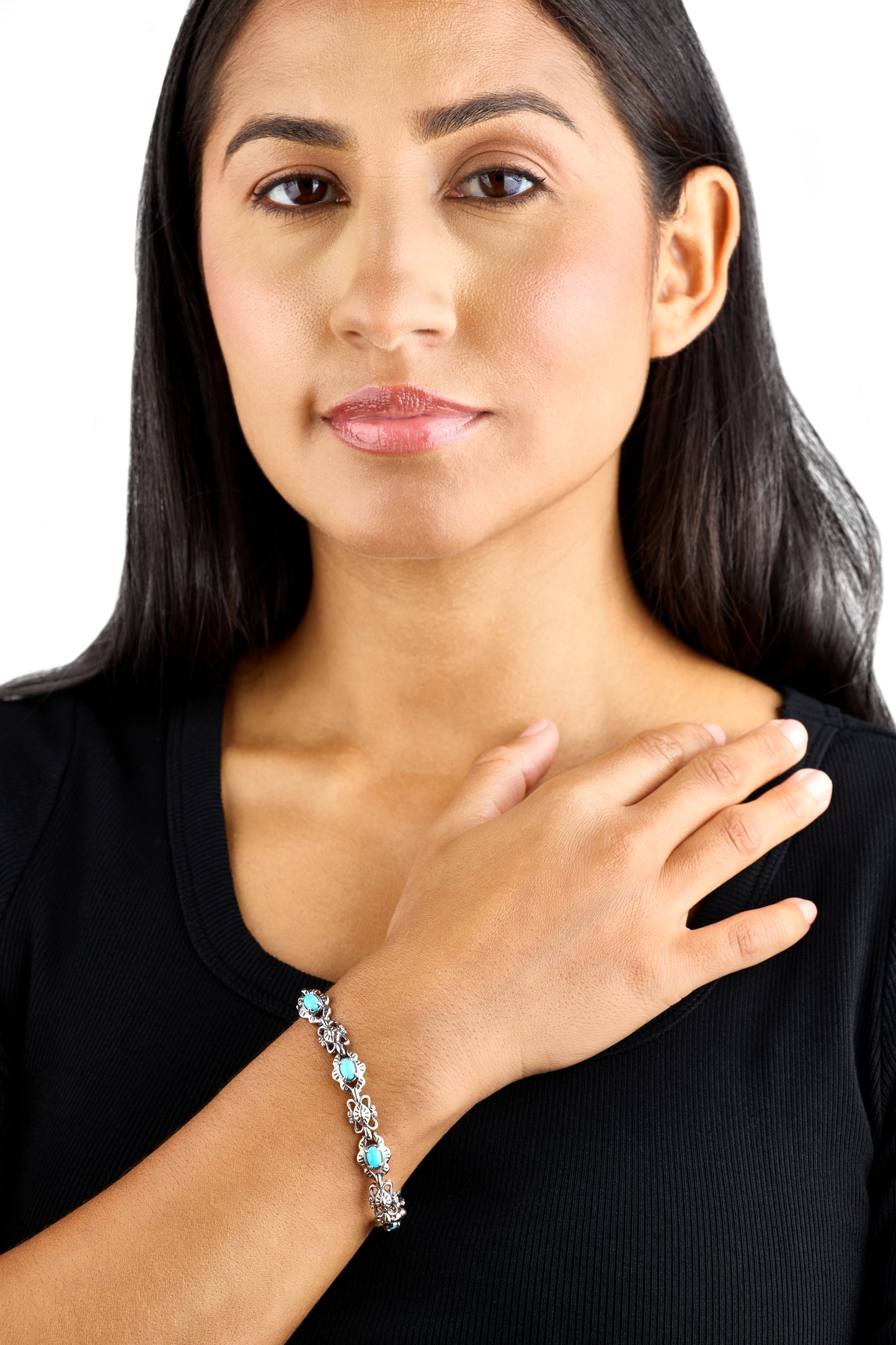 Sterling Silver Sleeping Beauty Turquoise Concha Link Bracelet, Sizes Small to Large