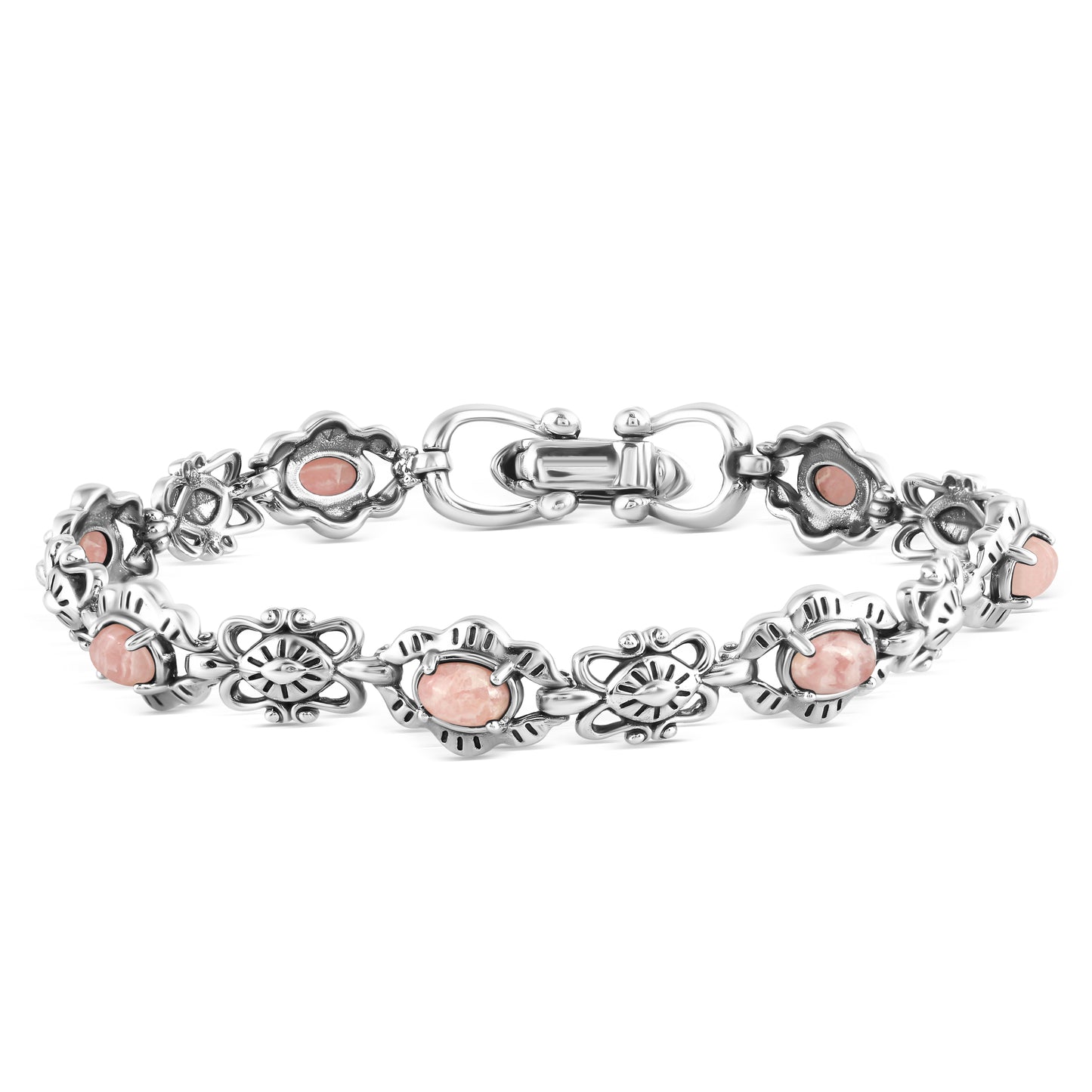 Sterling Silver Rhodochrosite Concha Link Bracelet, Sizes Small to Large