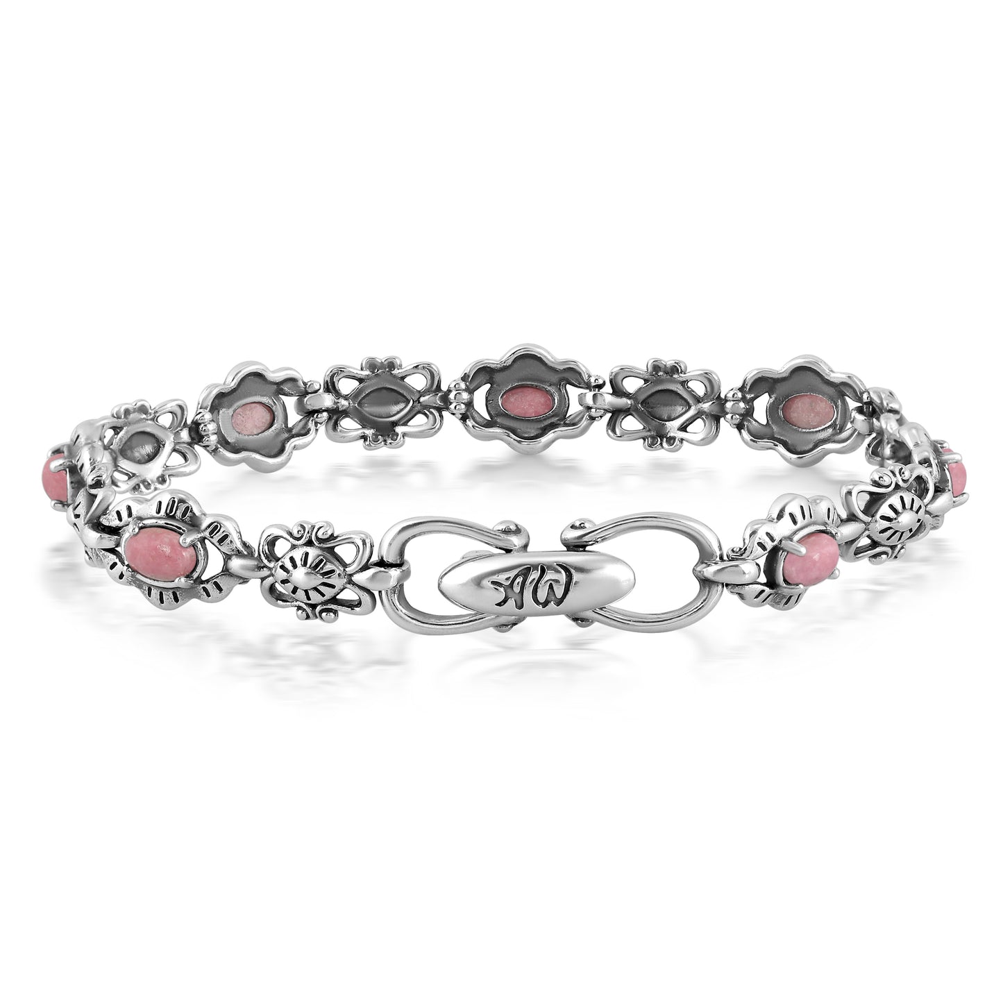 Southwestern Sterling Silver with Rhodonite Gemstone Concha Link Bracelet, Sizes Small - Large