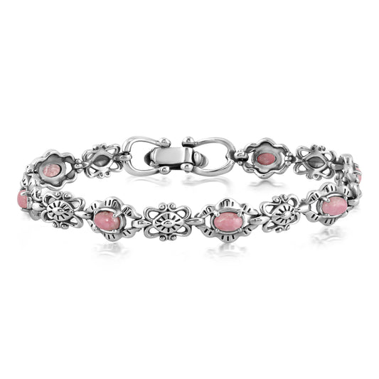 Sterling Silver Pink Rhodonite Concha Link Bracelet, Sizes Small - Large