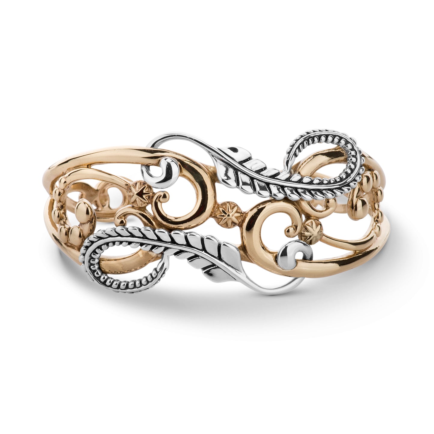 Sterling Silver and Brass Floral Leaf Design Cuff Bracelet, Sizes Small to Large