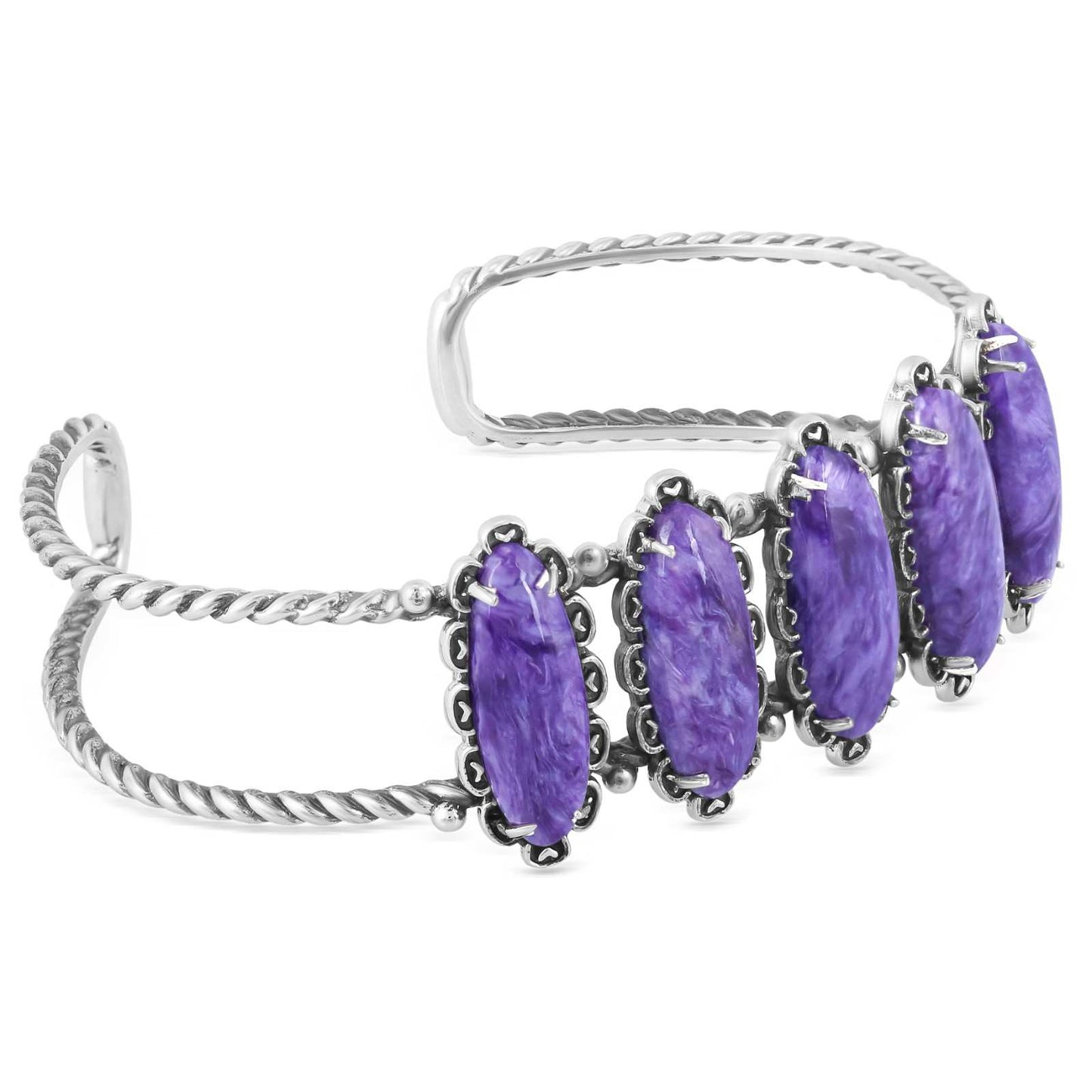 Sterling Silver Charoite 5-Stone Oval Cuff Bracelet, Sizes Medium to Large