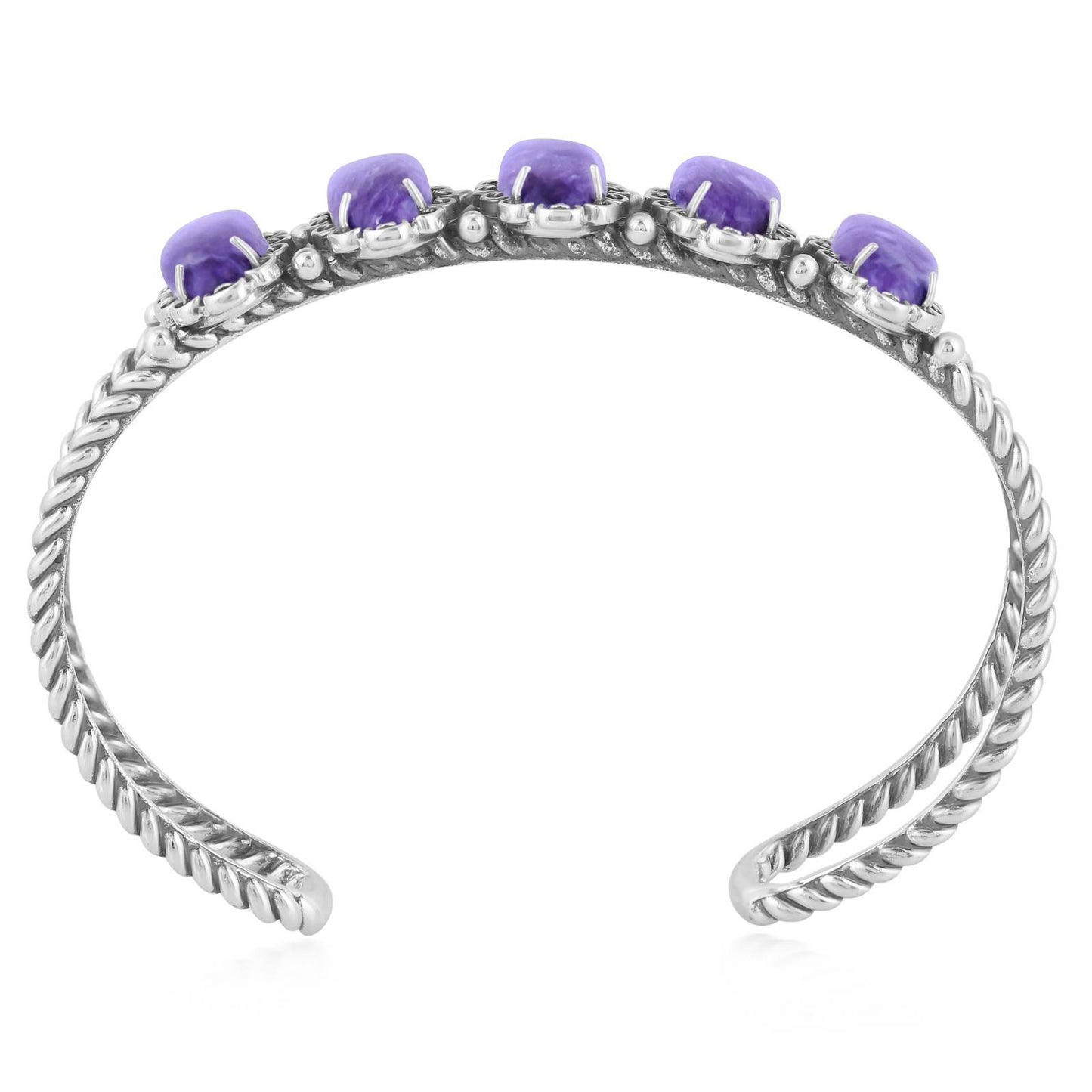 Sterling Silver Charoite 5-Stone Oval Cuff Bracelet, Sizes Medium to Large