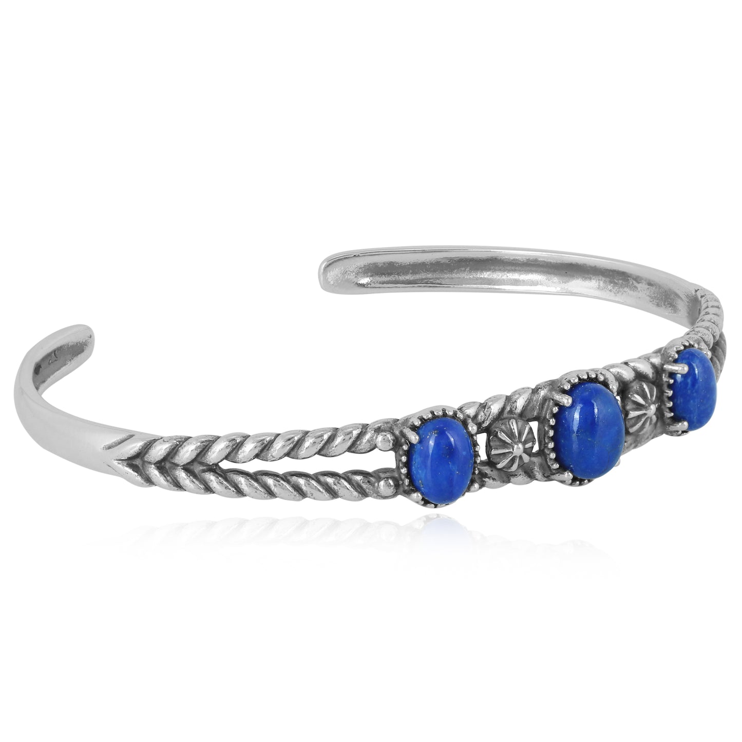 Sterling Silver Genuine Lapis 3 Stone Cuff Bracelet Size Small - Large