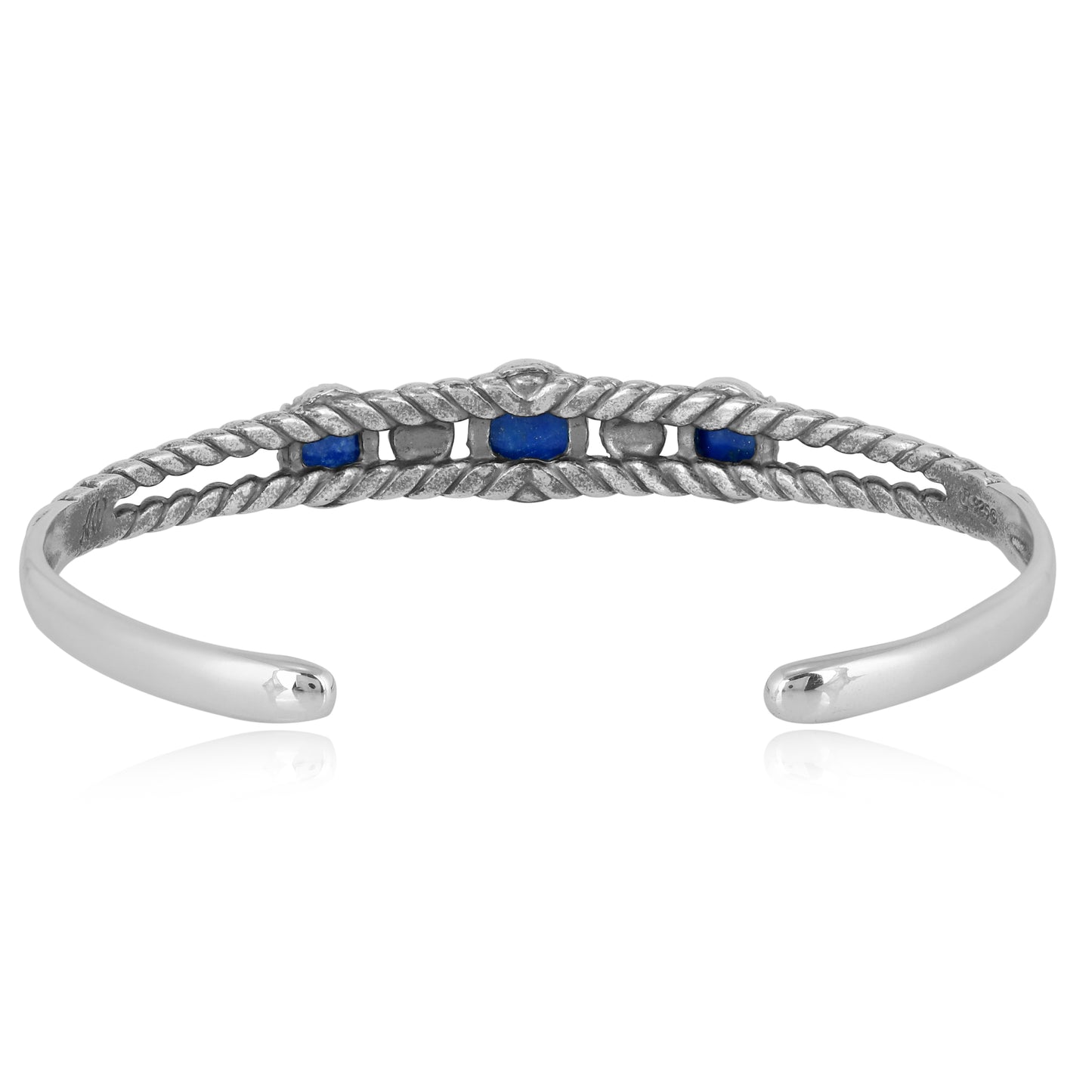 Sterling Silver Genuine Lapis 3 Stone Cuff Bracelet Size Small - Large