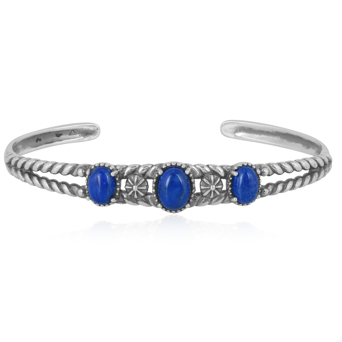 Sterling Silver Genuine Lapis 3 Stone Cuff Bracelet Size Small - Large