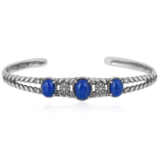 Sterling Silver Genuine Lapis 3 Stone Cuff Bracelet Size Small - Large