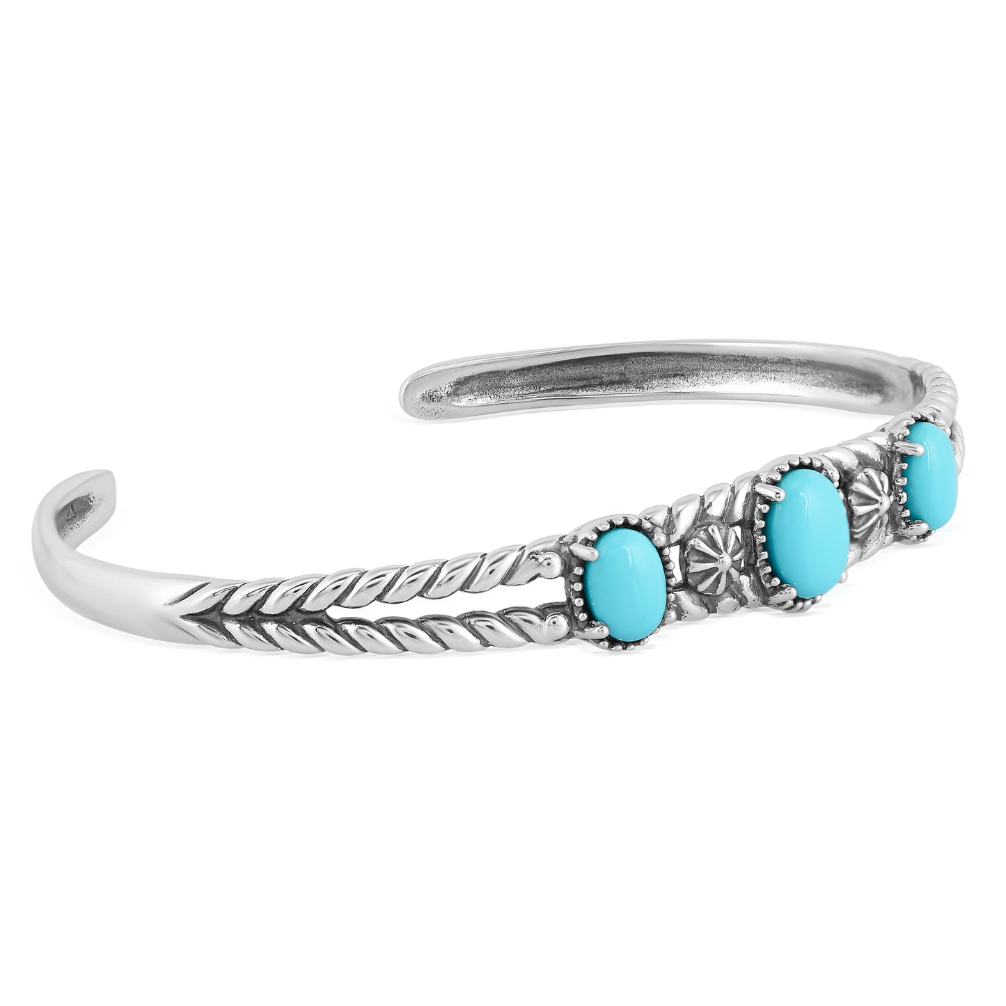 Sterling Silver Sleeping Beauty Turquoise 3-Stone Rope Cuff Bracelet, Sizes Small to Large
