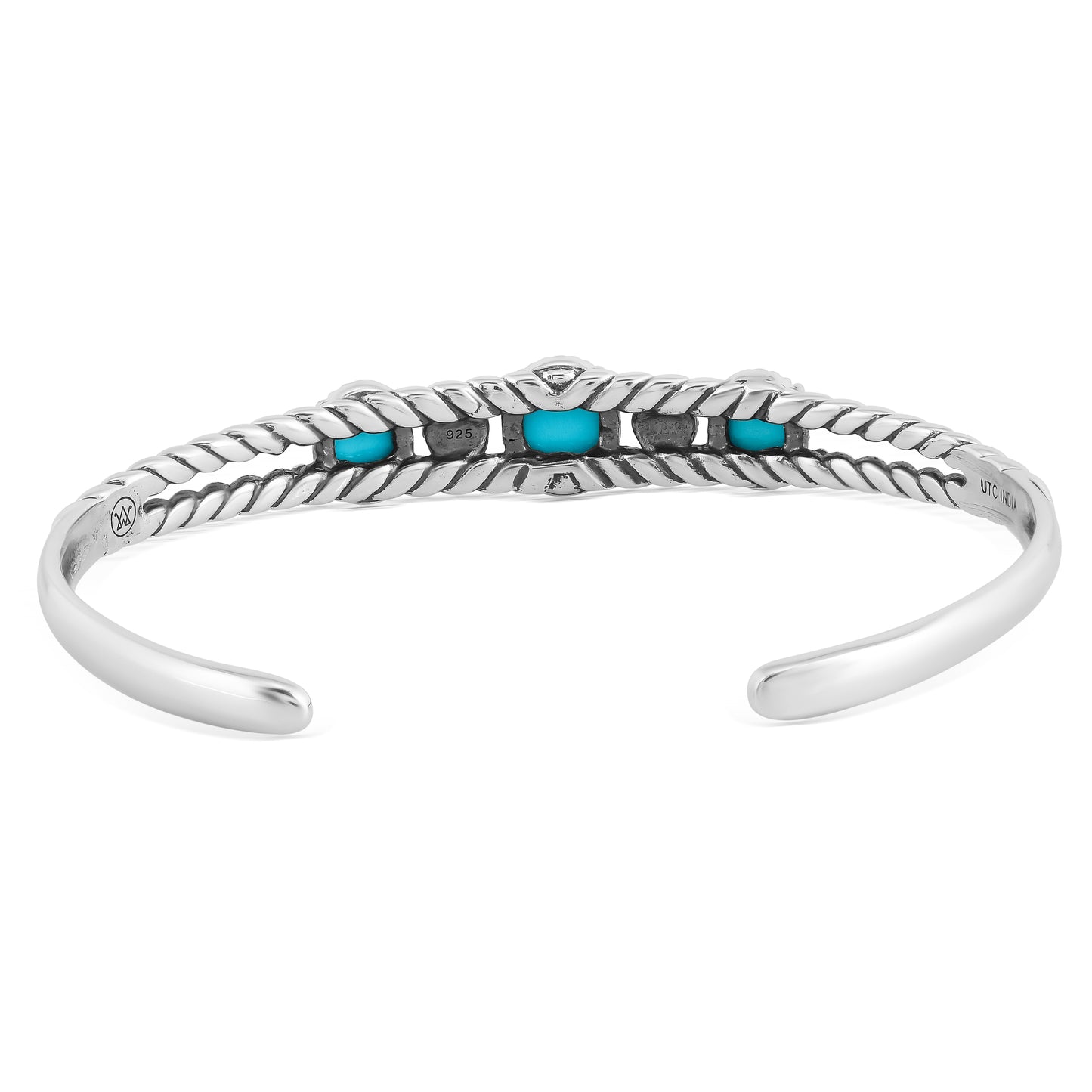 EXCLUSIVELY OURS! Sterling Silver Sleeping Beauty Turquoise 3-Stone Rope Cuff Bracelet, Sizes Small to Large