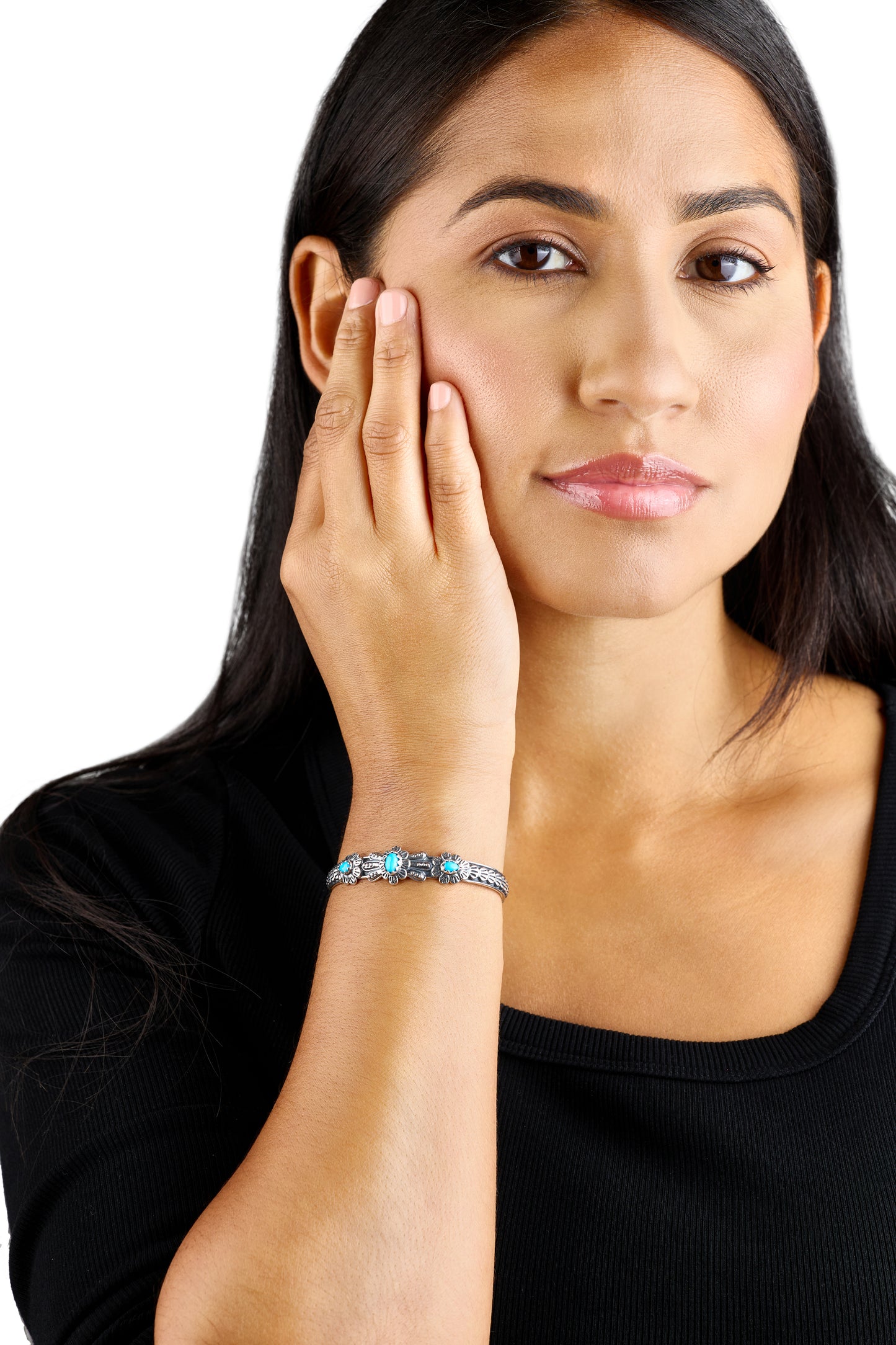 Sterling Silver Sleeping Beauty Turquoise Flower Concha Cuff Bracelet, Sizes Small to Large
