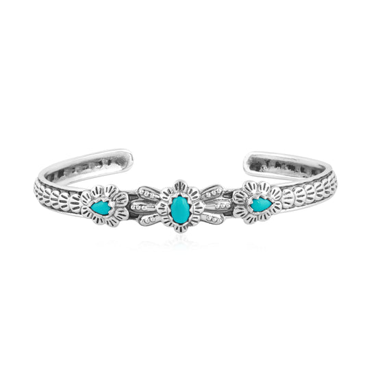 Sterling Silver Sleeping Beauty Turquoise Flower Concha Cuff Bracelet, Sizes Small to Large