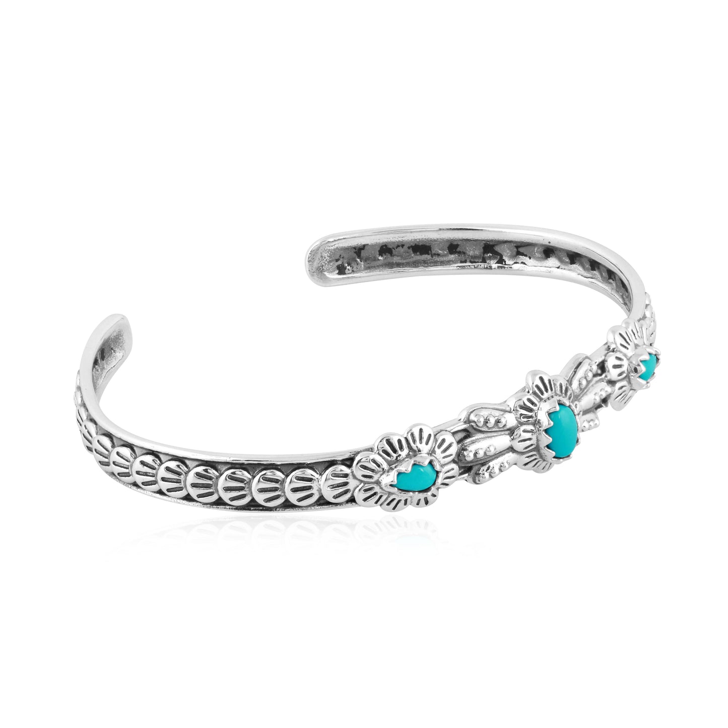 Sterling Silver Sleeping Beauty Turquoise Flower Concha Cuff Bracelet, Sizes Small to Large