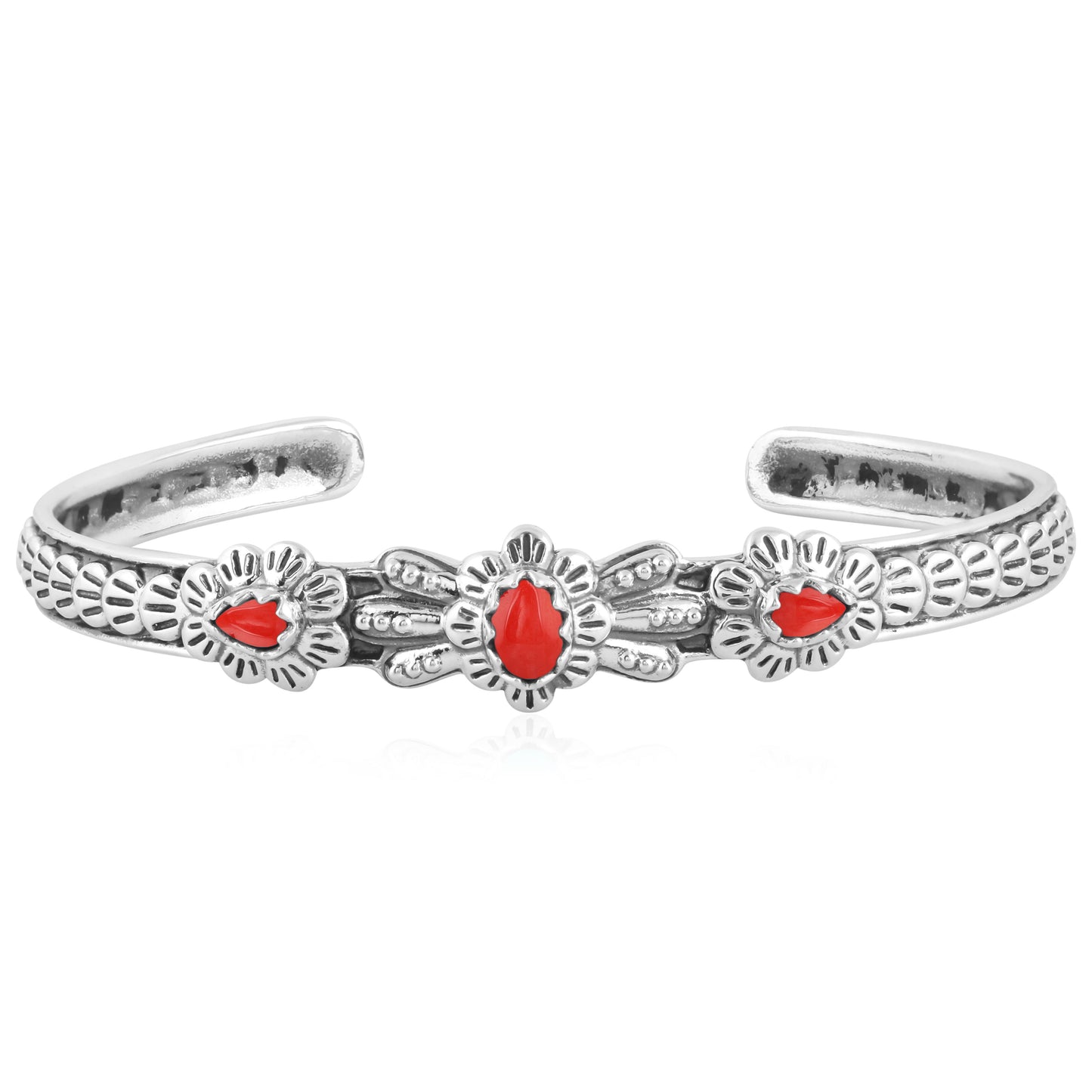 Sterling Silver Red Coral Gemstone Flower Concha Design Cuff Bracelet, Size Medium - Large