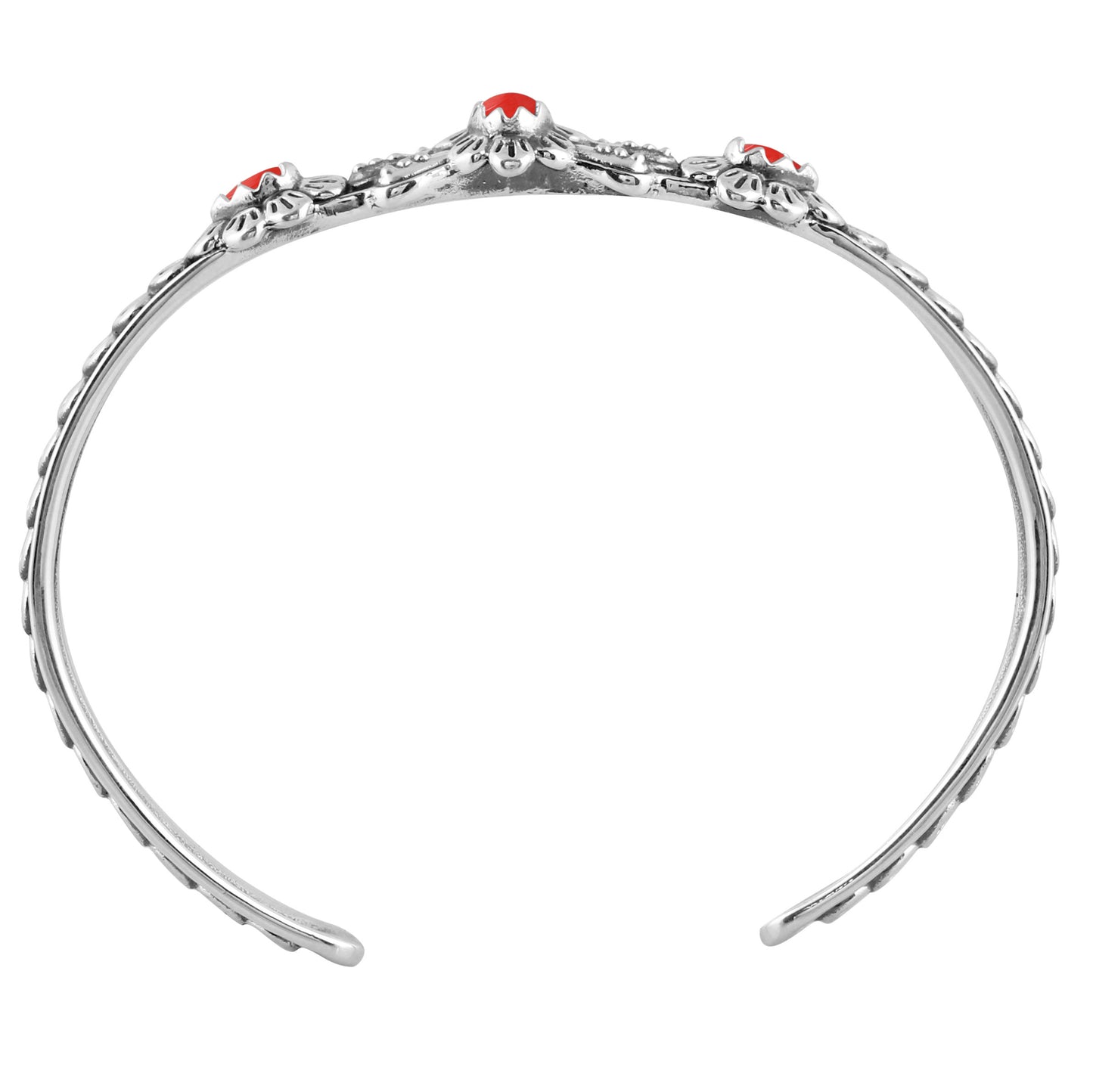 Sterling Silver Red Coral Gemstone Flower Concha Design Cuff Bracelet, Size Medium - Large