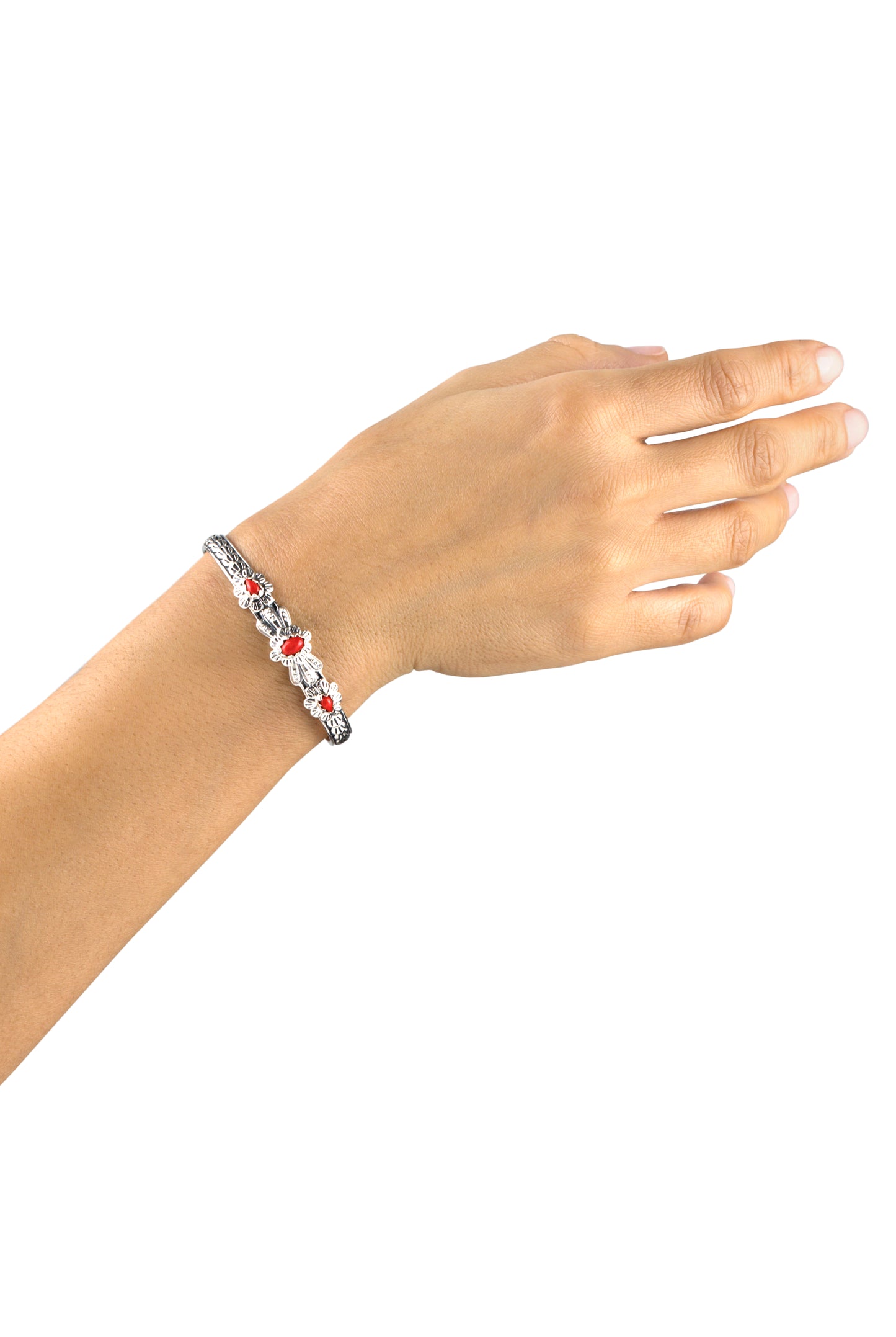 Sterling Silver Red Coral Gemstone Flower Concha Design Cuff Bracelet, Size Medium - Large