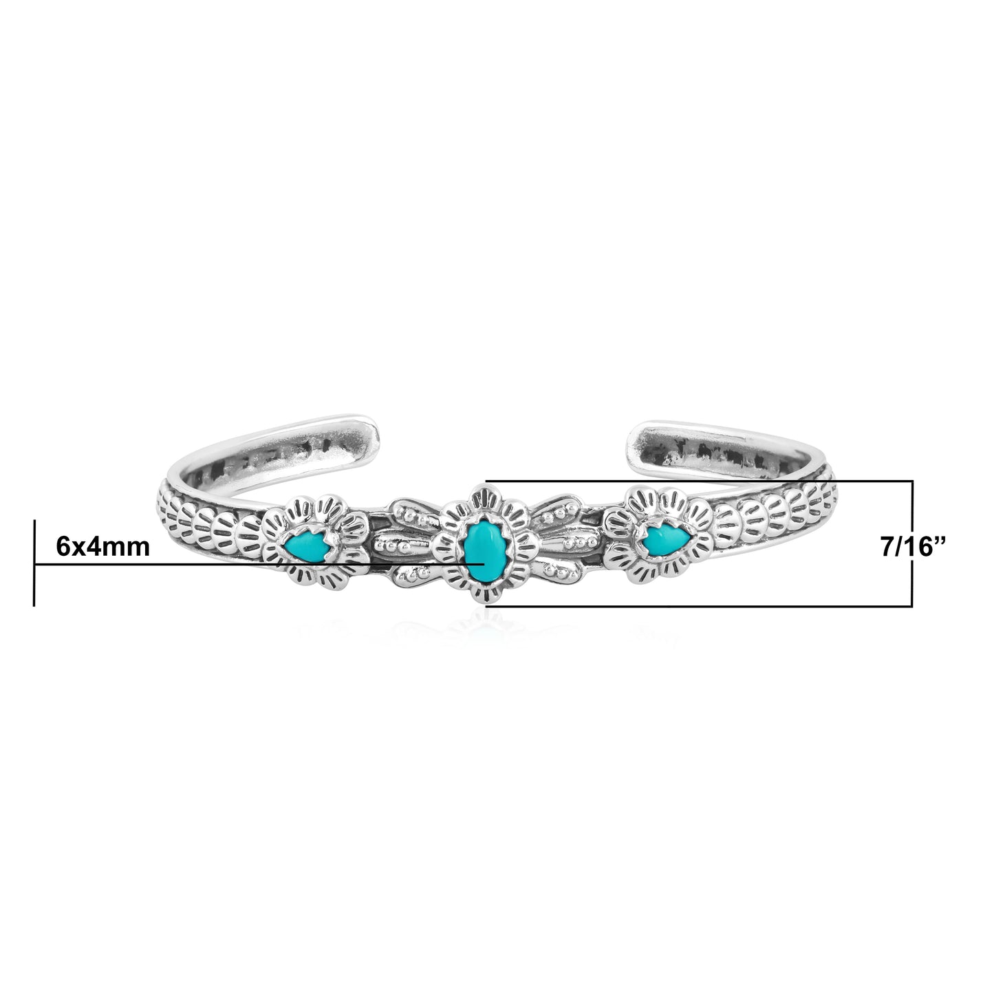 Sterling Silver Sleeping Beauty Turquoise Flower Concha Cuff Bracelet, Sizes Small to Large