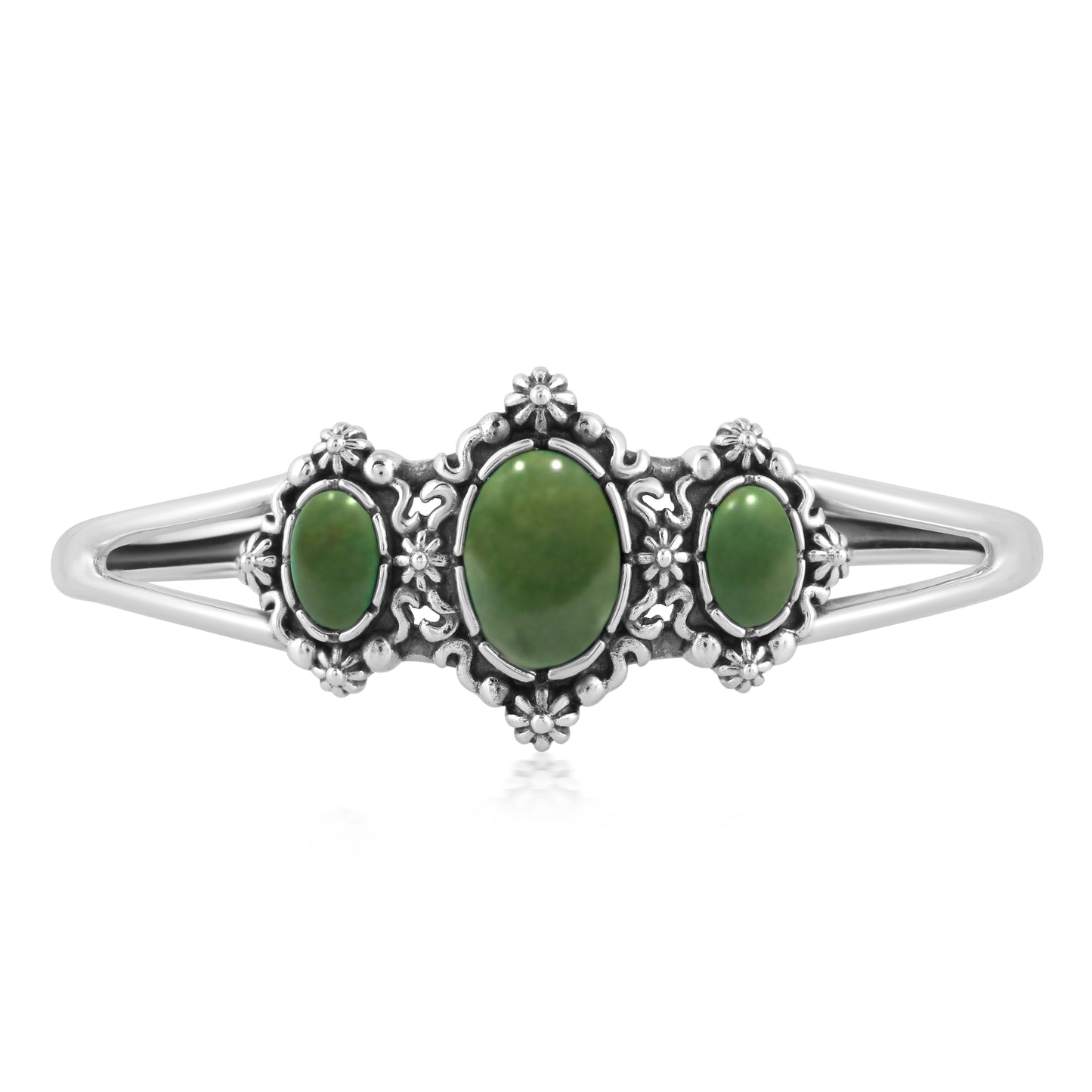 Sterling Silver Three Green Turquoise Oval Gemstone Cuff Bracelet Size S, M or L