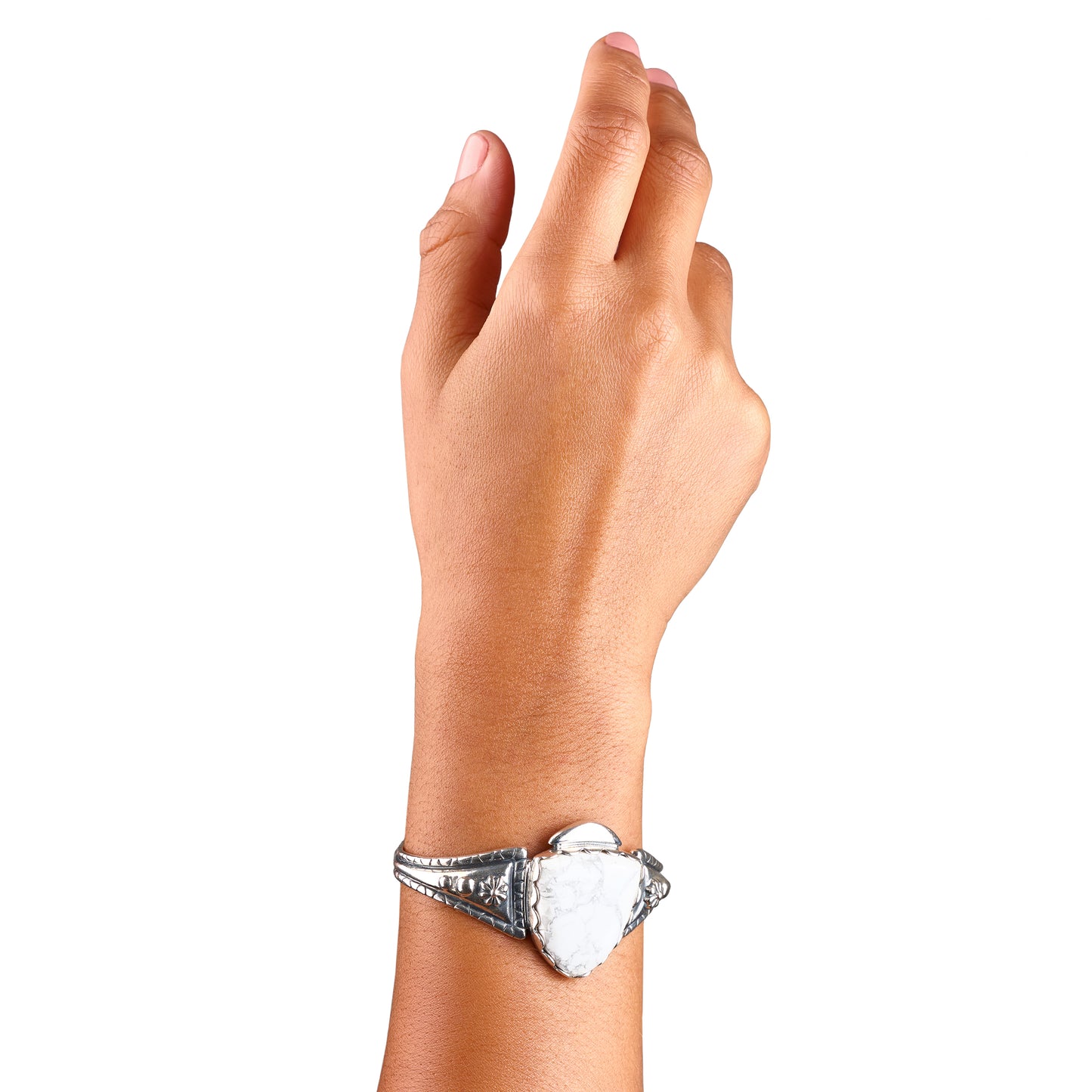 Sterling Silver White Howlite Arrowhead Cuff Bracelet, Sizes Small to Large