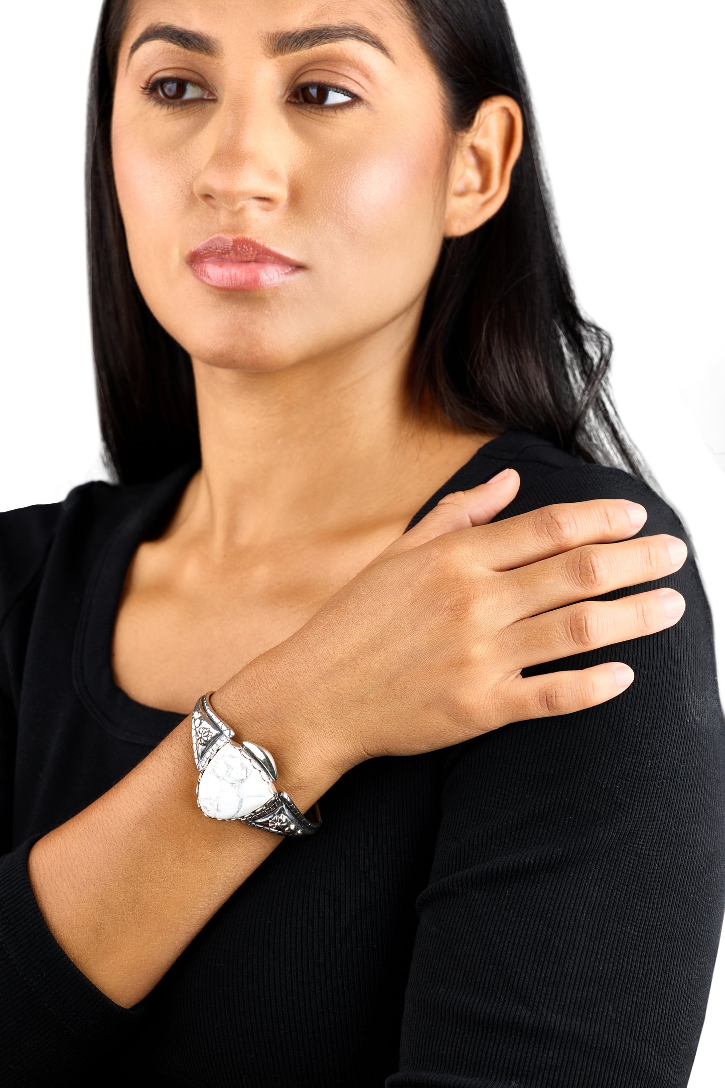 Sterling Silver White Howlite Arrowhead Cuff Bracelet, Sizes Small to Large