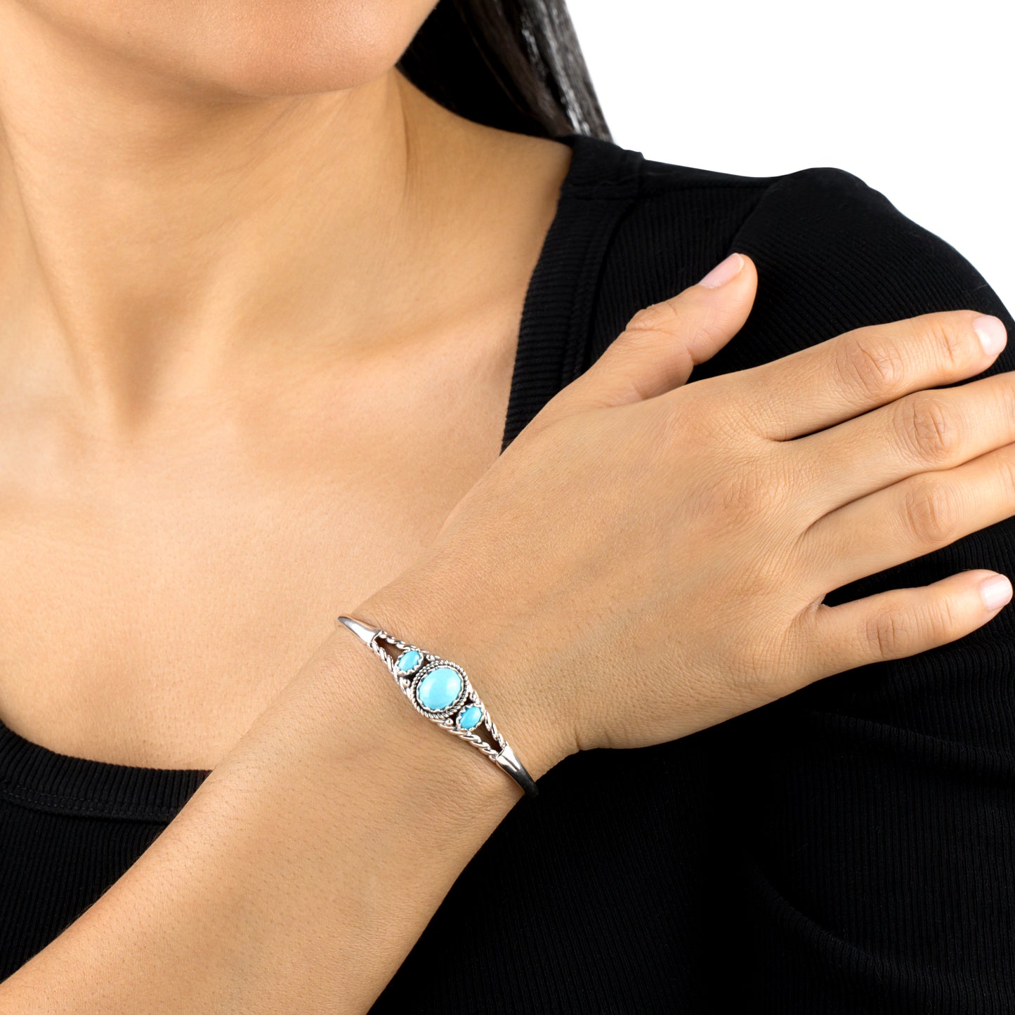 EXCLUSIVELY OURS! Sterling Silver Kingman Turquoise Oval Cut Rope Cuff Bracelet, Sizes Small to Large
