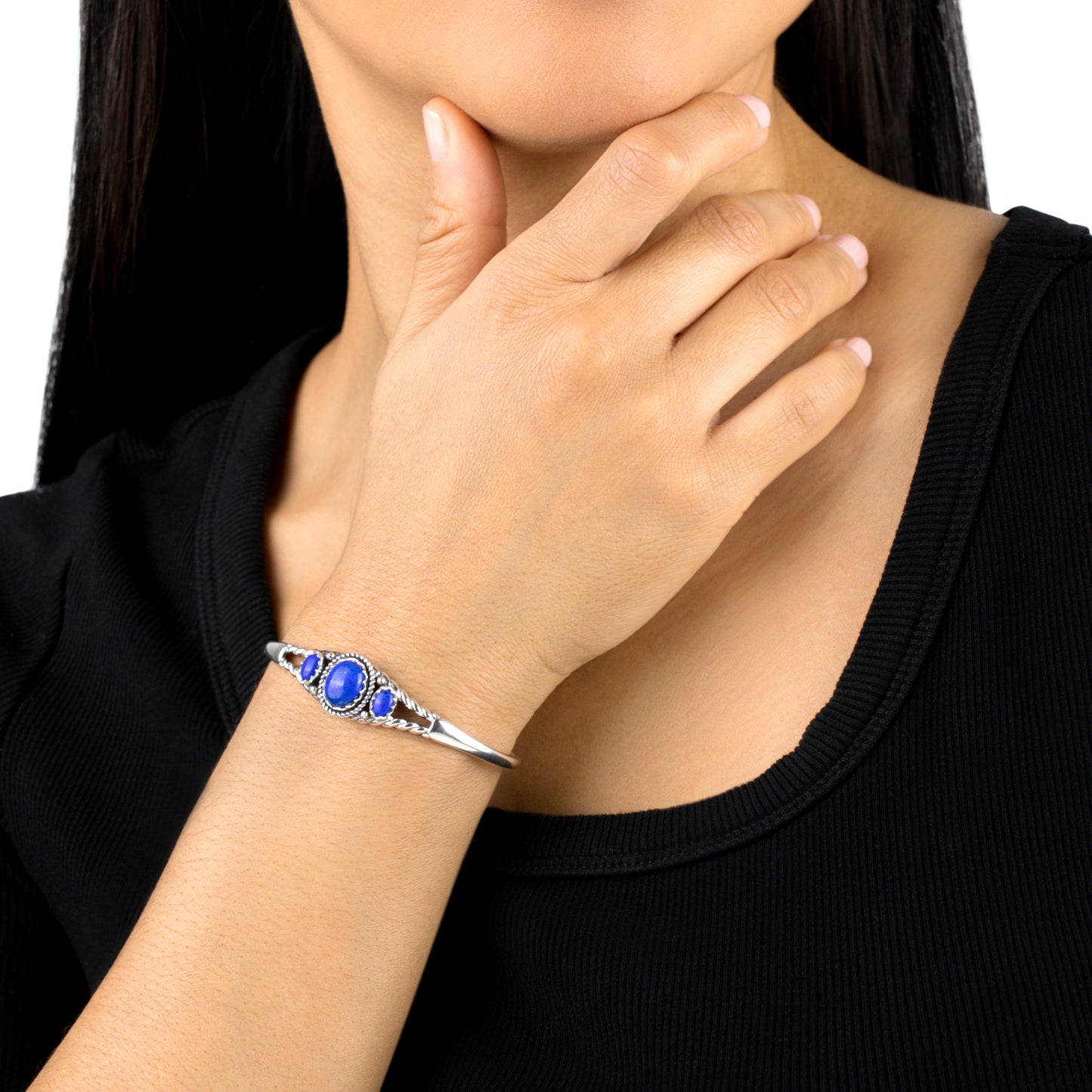 EXCLUSIVELY OURS! Sterling Silver Lapis Oval Cut Rope Cuff Bracelet, Sizes Small to Large