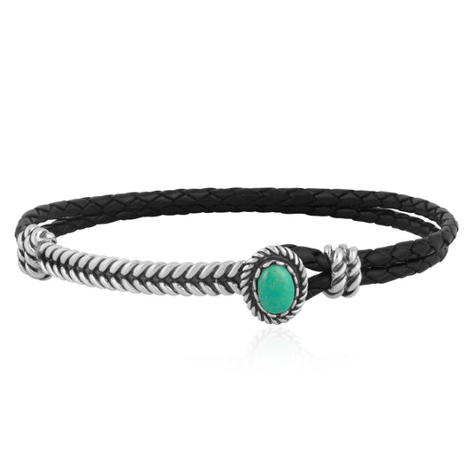 Sterling Silver Leather Bracelet Green Turquoise Size Small - Large