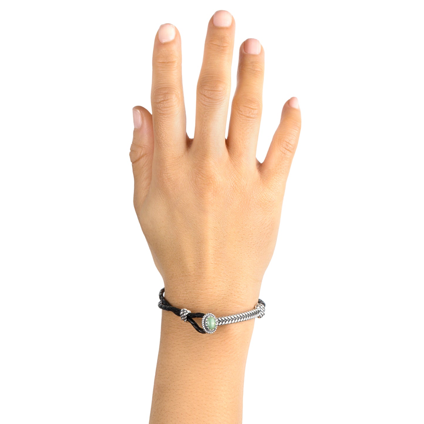 Sterling Silver Green Turquoise Leather Bracelet, Sizes Small to Large