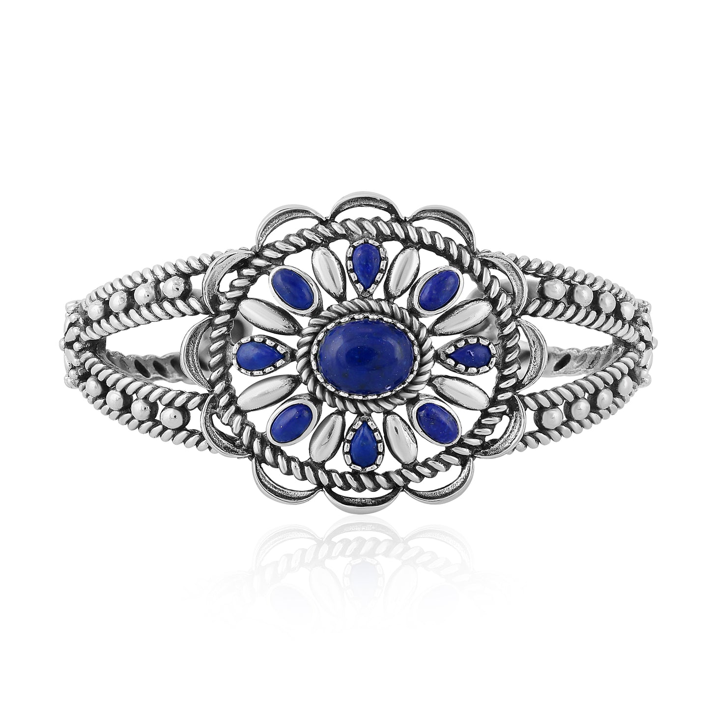 Sterling Silver Lapis Lazuli Wildflower Rope Cuff Bracelet, Sizes Small to Large