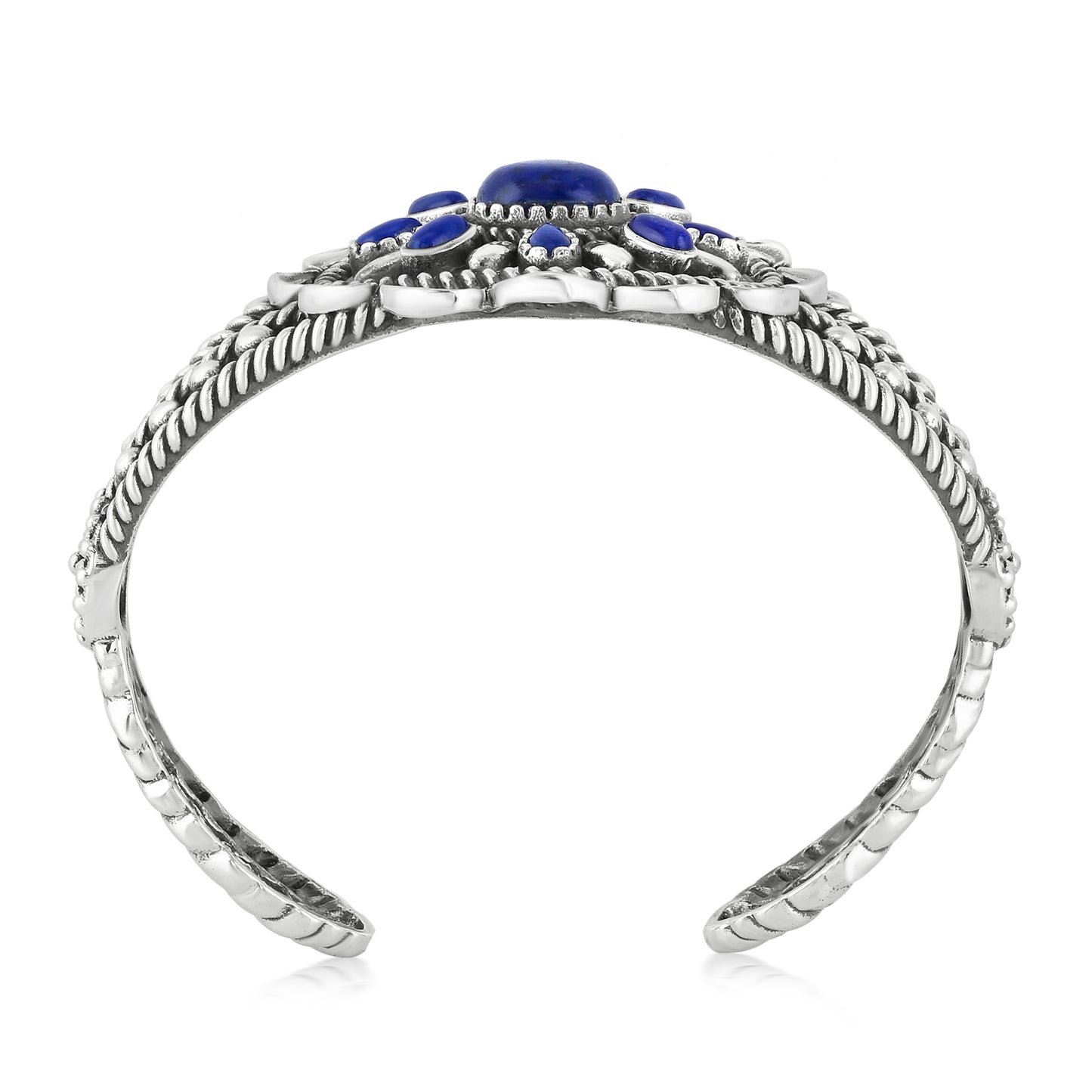 Sterling Silver Lapis Lazuli Wildflower Rope Cuff Bracelet, Sizes Small to Large