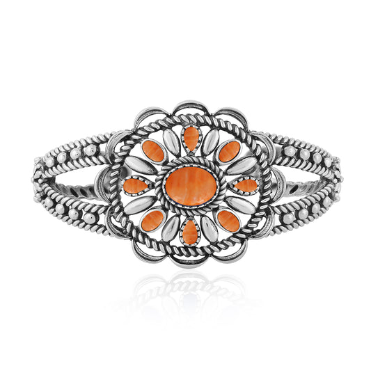 Southwestern Orange Spiny Oyster Wildflower Sterling Silver Rope Cuff Bracelet, Sizes Small - Large