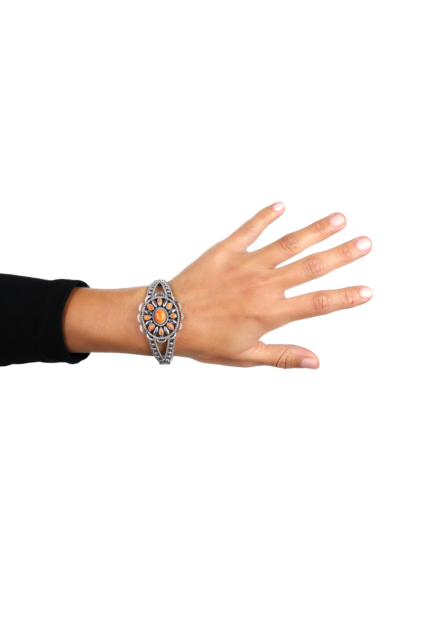 Sterling Silver Orange Spiny Oyster Wildflower Rope Cuff Bracelet, Sizes Small to Large