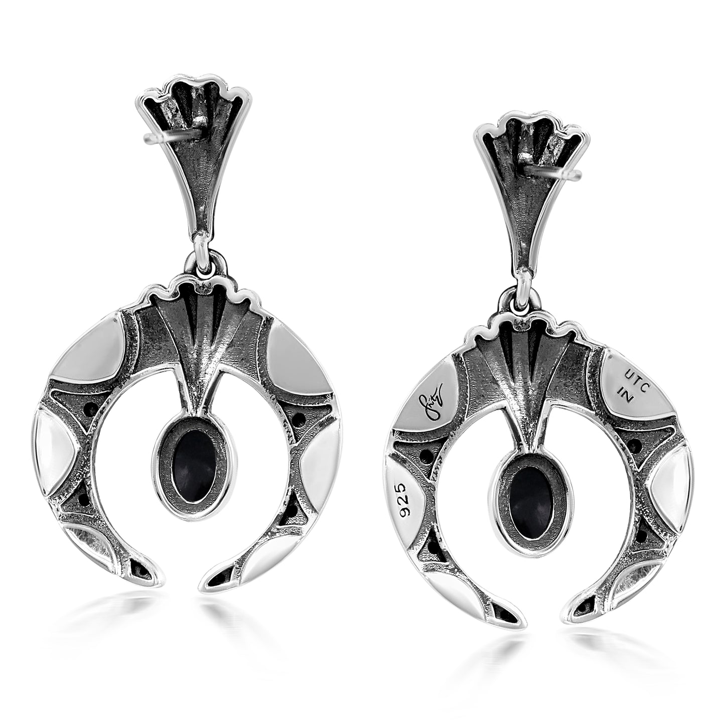 Sterling Silver Black Agate Fritz Casuse Oval Gemstone Naja Earrings
