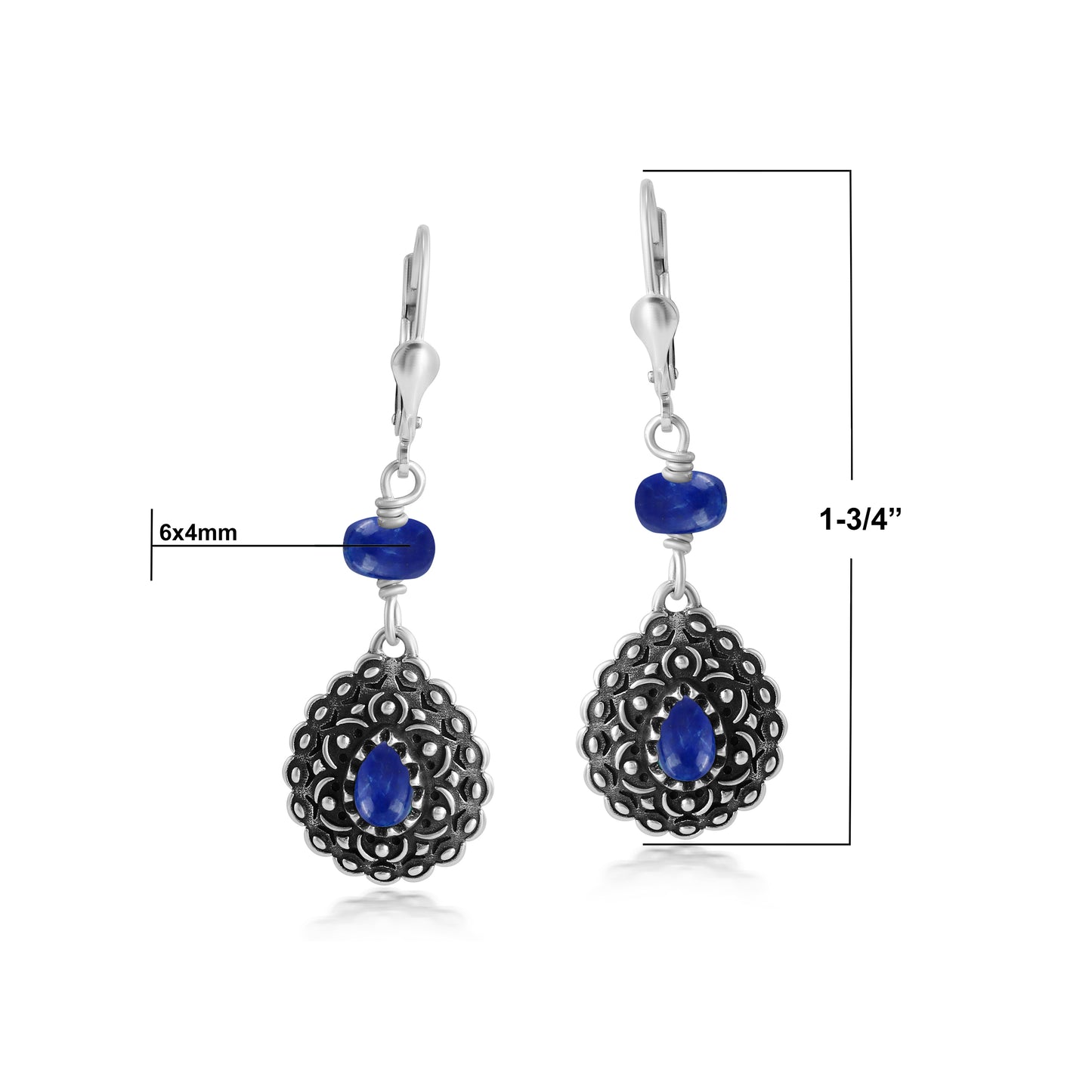 Sterling Silver Lapis Pear-Shaped Concha Lever Back Earrings