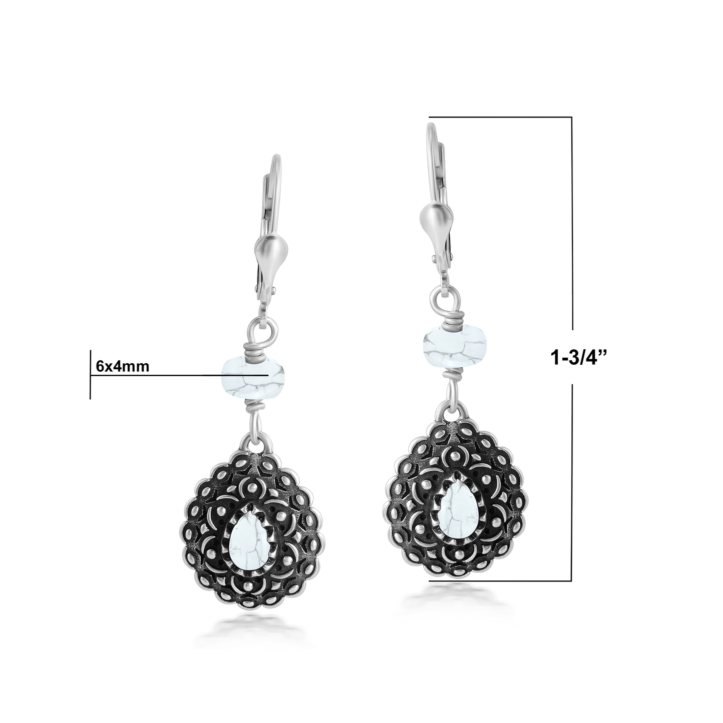 Sterling Silver White Howlite Pear-Shaped Concha Lever Back Earrings