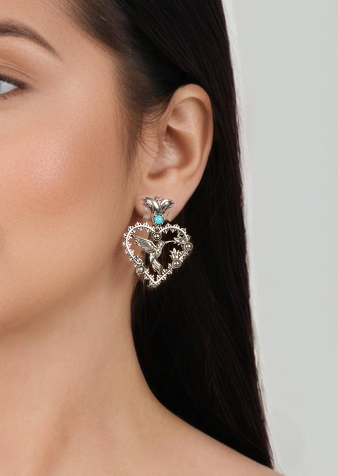 Sterling Silver Sleeping Beauty Turquoise Fritz Casuse Heart Hummingbird Earrings