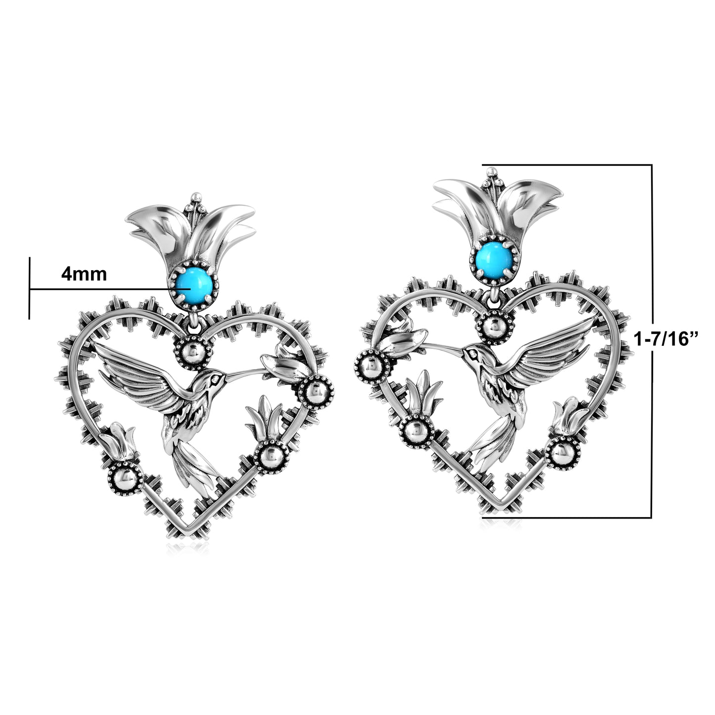 Sterling Silver Sleeping Beauty Turquoise Fritz Casuse Heart Hummingbird Earrings
