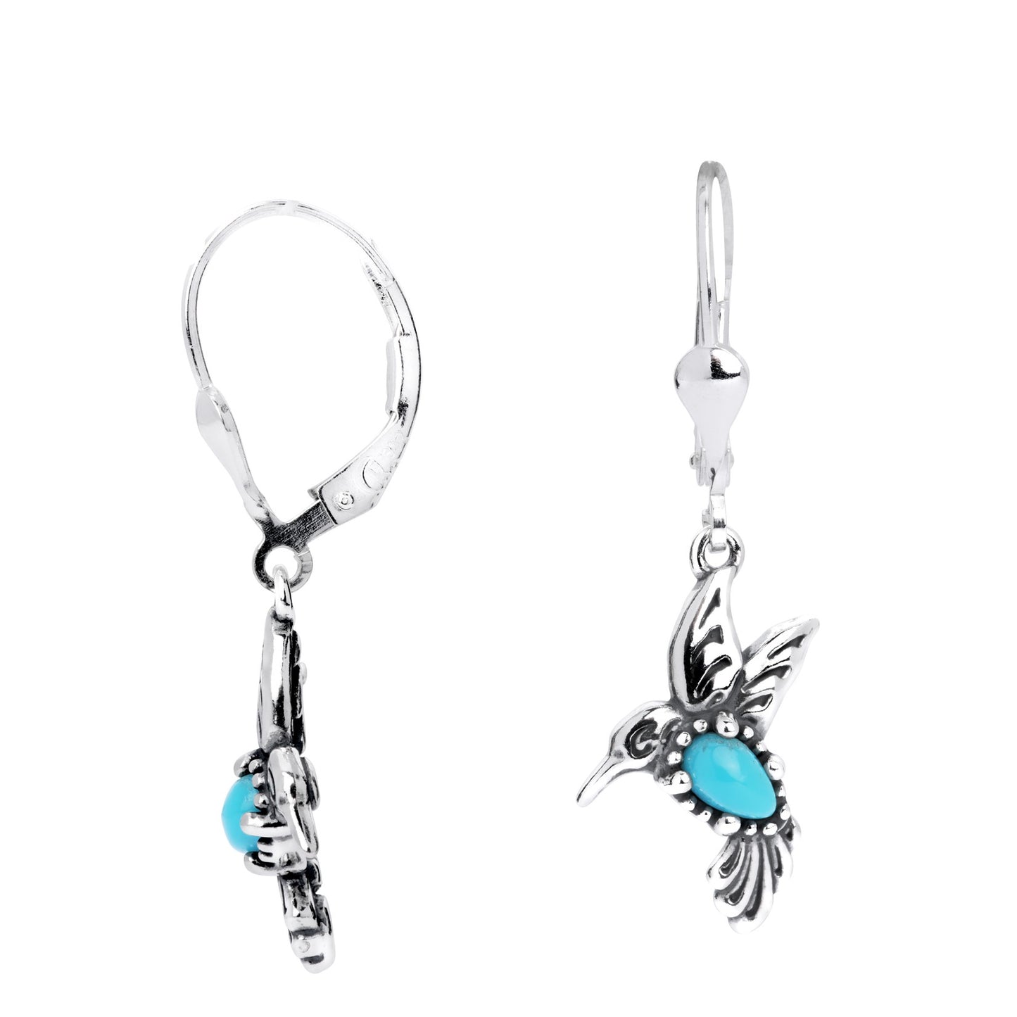 Sterling Silver Sleeping Beauty Turquoise Hummingbird Dangle Earrings