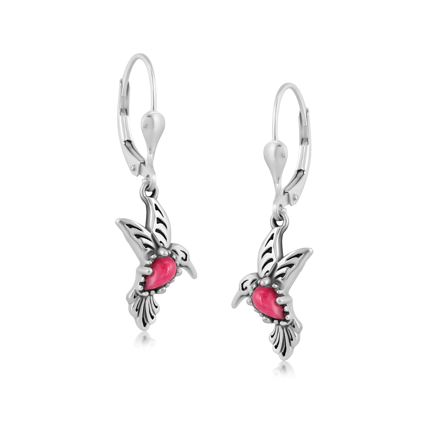 Sterling Silver Rhodonite Hummingbird Design Drop and Dangle Earrings