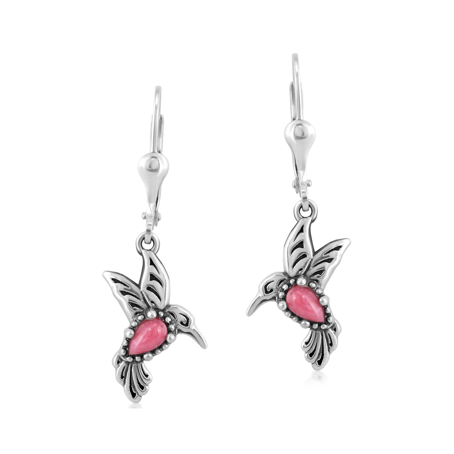 Sterling Silver Rhodonite Hummingbird Design Drop and Dangle Earrings
