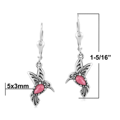 Southwestern Sterling Silver with Rhodonite Gemstone Hummingbird Design Drop and Dangle Earrings