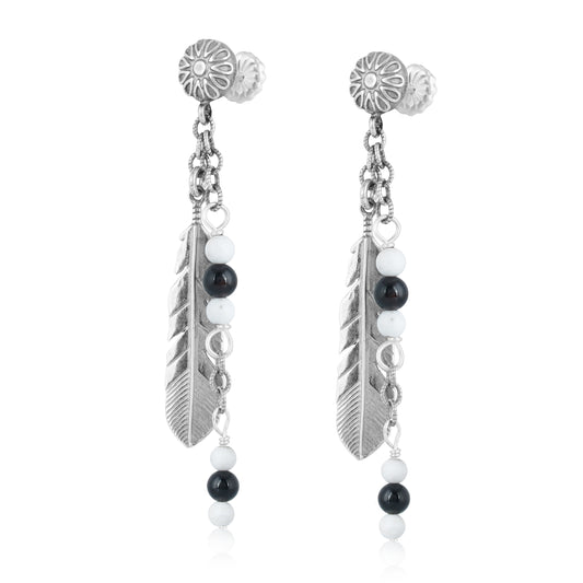 Sterling Silver with Black Agate and White Howlite Gemstone Feather Design Drop and Dangle Earrings