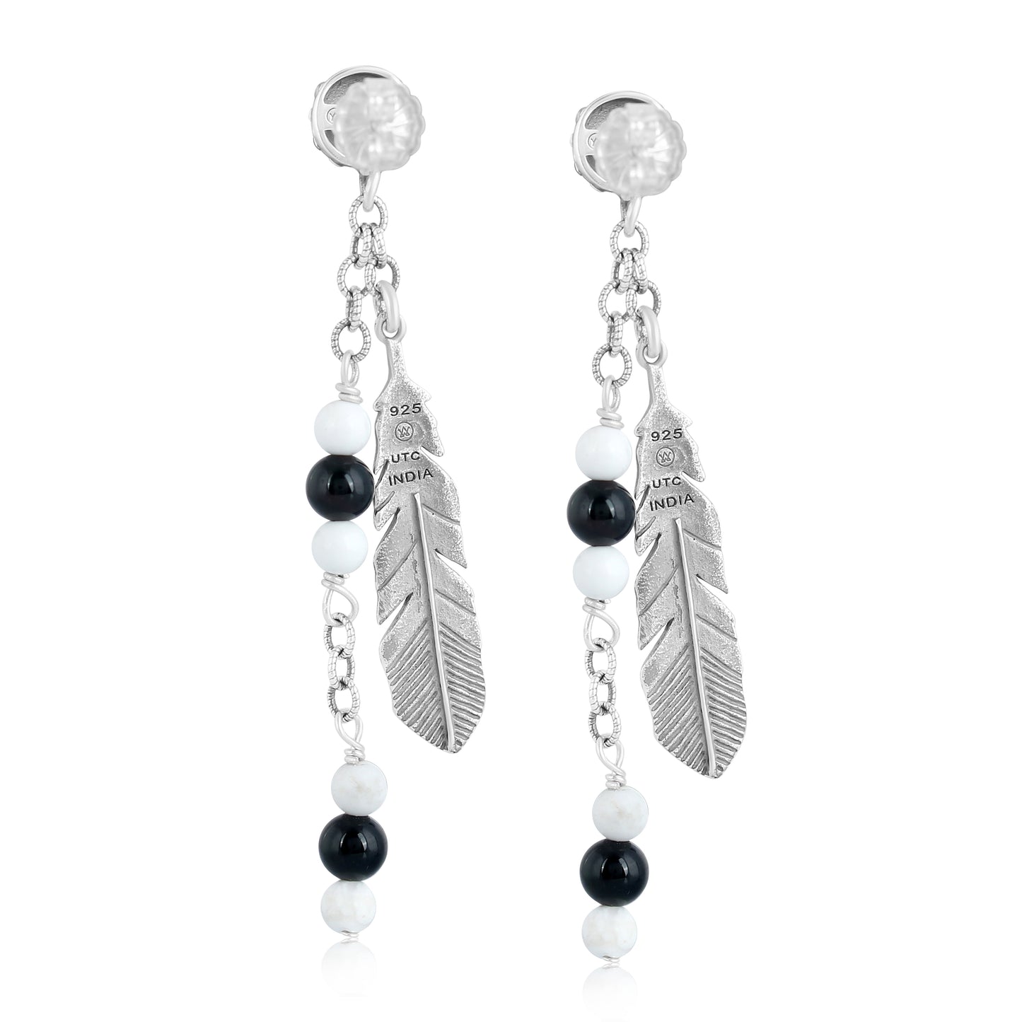 Sterling Silver with Black Agate and White Howlite Gemstone Feather Design Drop and Dangle Earrings