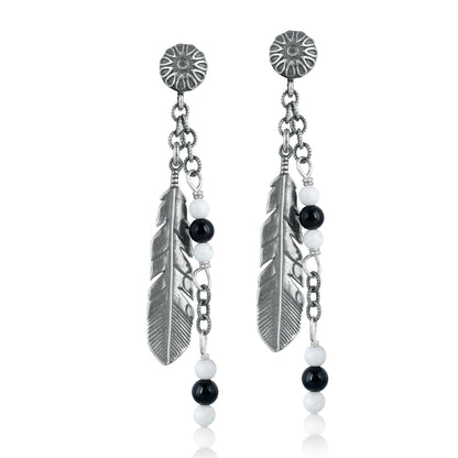 Sterling Silver with Black Agate and White Howlite Gemstone Feather Design Drop and Dangle Earrings