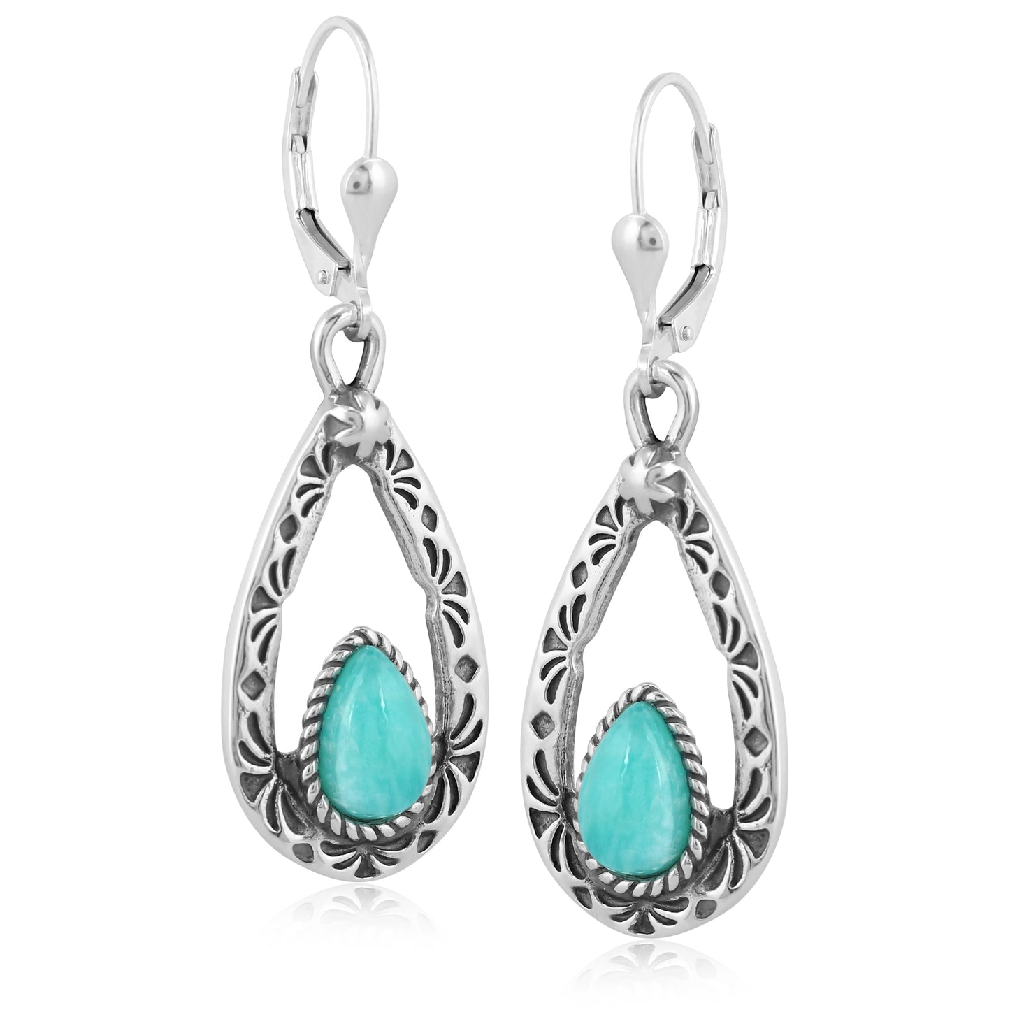 Sterling Silver Pear Shaped Amazonite Drop and Dangle Earrings