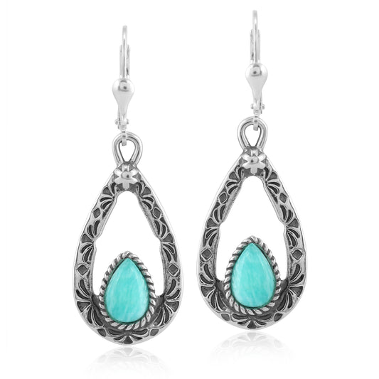 Sterling Silver Pear Shaped Amazonite Drop and Dangle Earrings