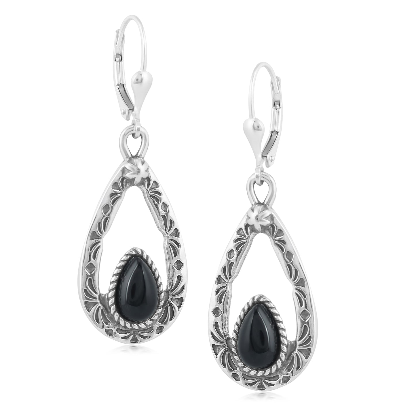 EXCLUSIVELY OURS! Sterling Silver with Pear Shaped Black Agate Gemstone Drop and Dangle Earrings