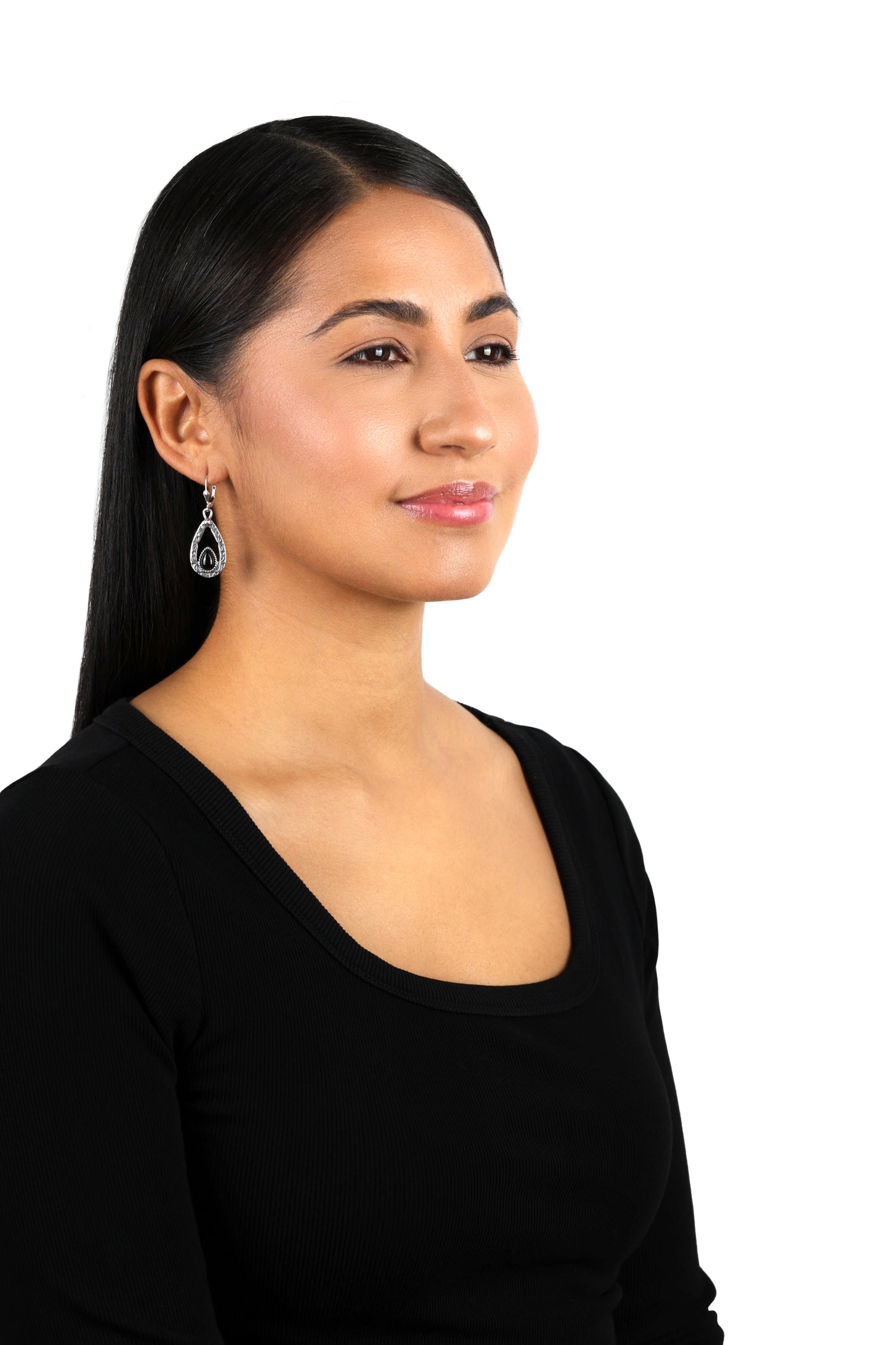 EXCLUSIVELY OURS! Sterling Silver with Pear Shaped Black Agate Gemstone Drop and Dangle Earrings