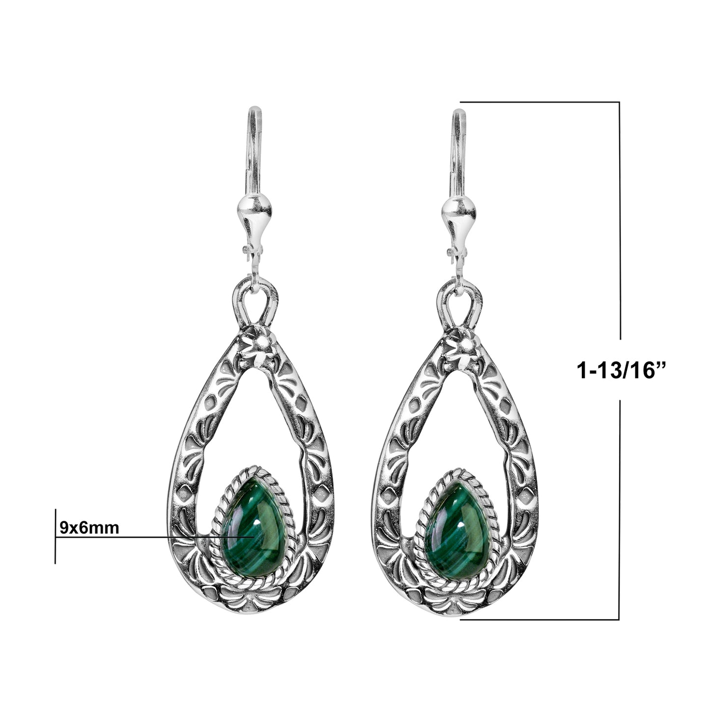 Sterling Silver Green Malachite Gemstone Teardrop Dangle Earrings